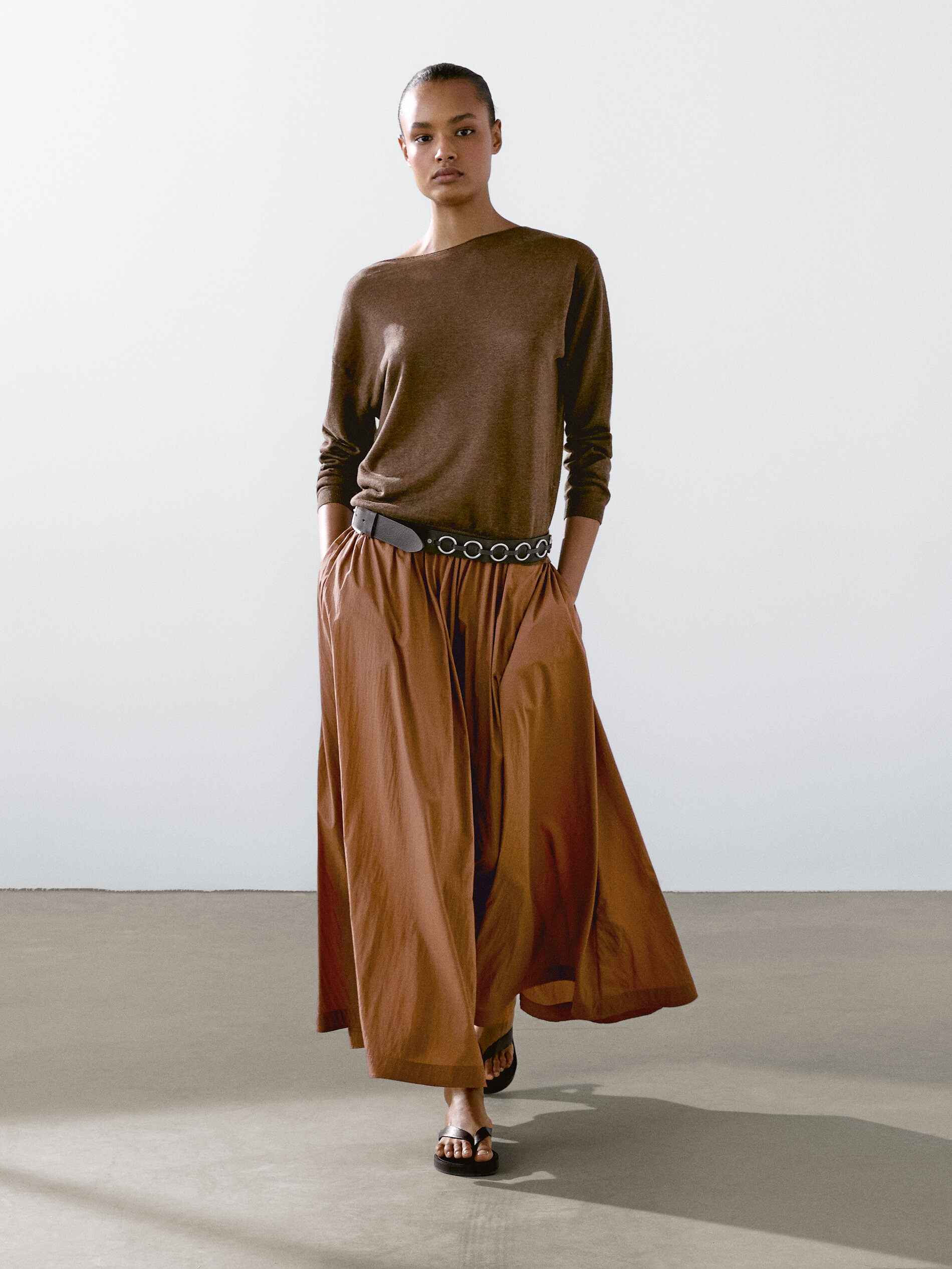 Camisola Com Decote À Barco 100% Linho - Chocolate - Xs - Massimo Dutti - Mulher