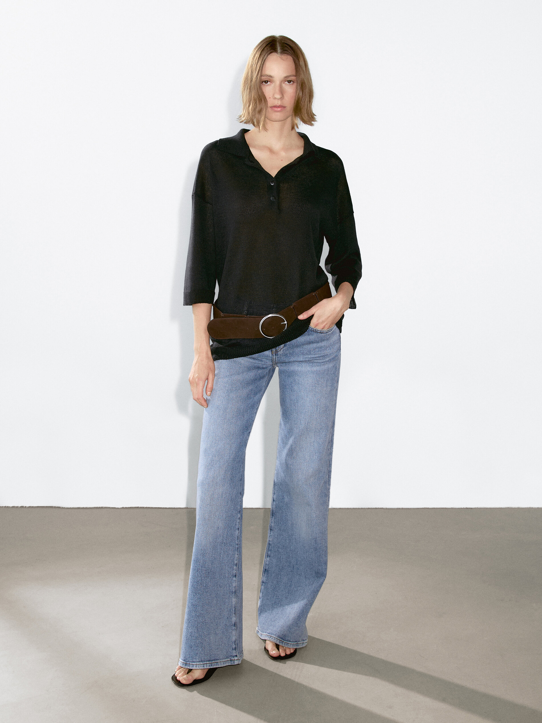 Pull En Maille Oversize À Col Polo - Noir - M - Massimo Dutti - Femme