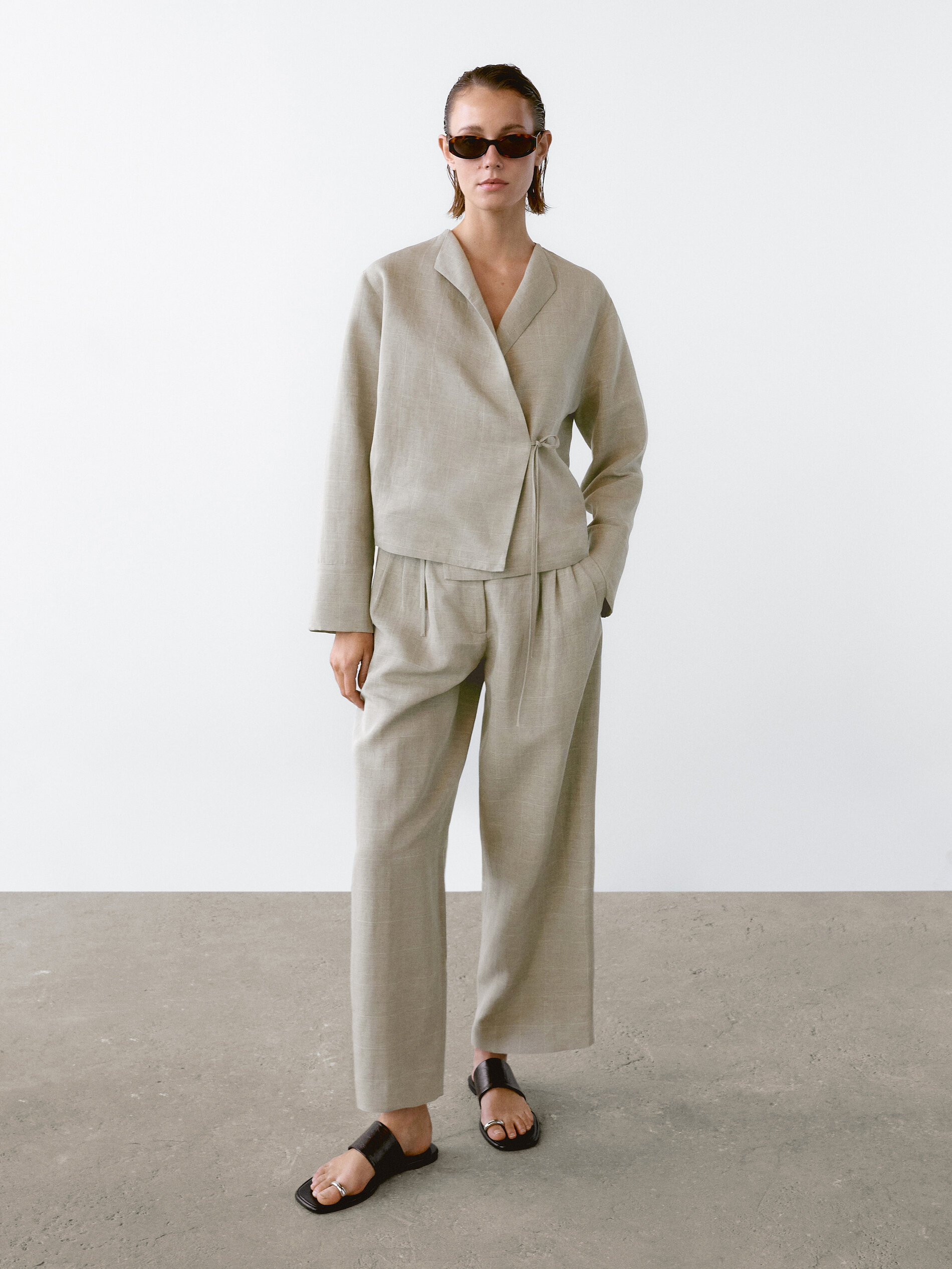 Kimono Lin Imprimé Carreaux - Beige - L - Massimo Dutti - Femme