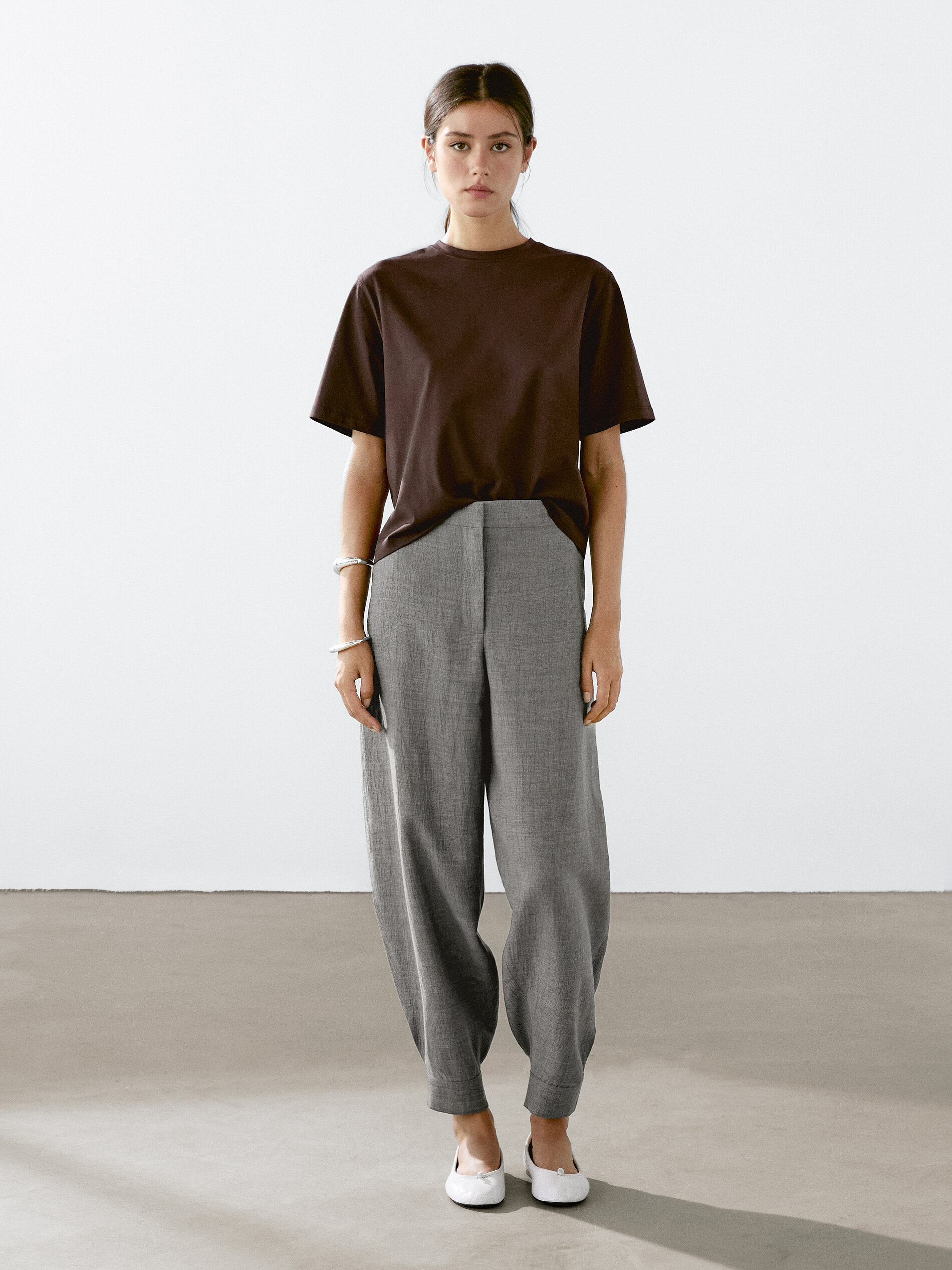 T-Shirt Manches Courtes Surpiqûre - Marron - S - Massimo Dutti - Femme
