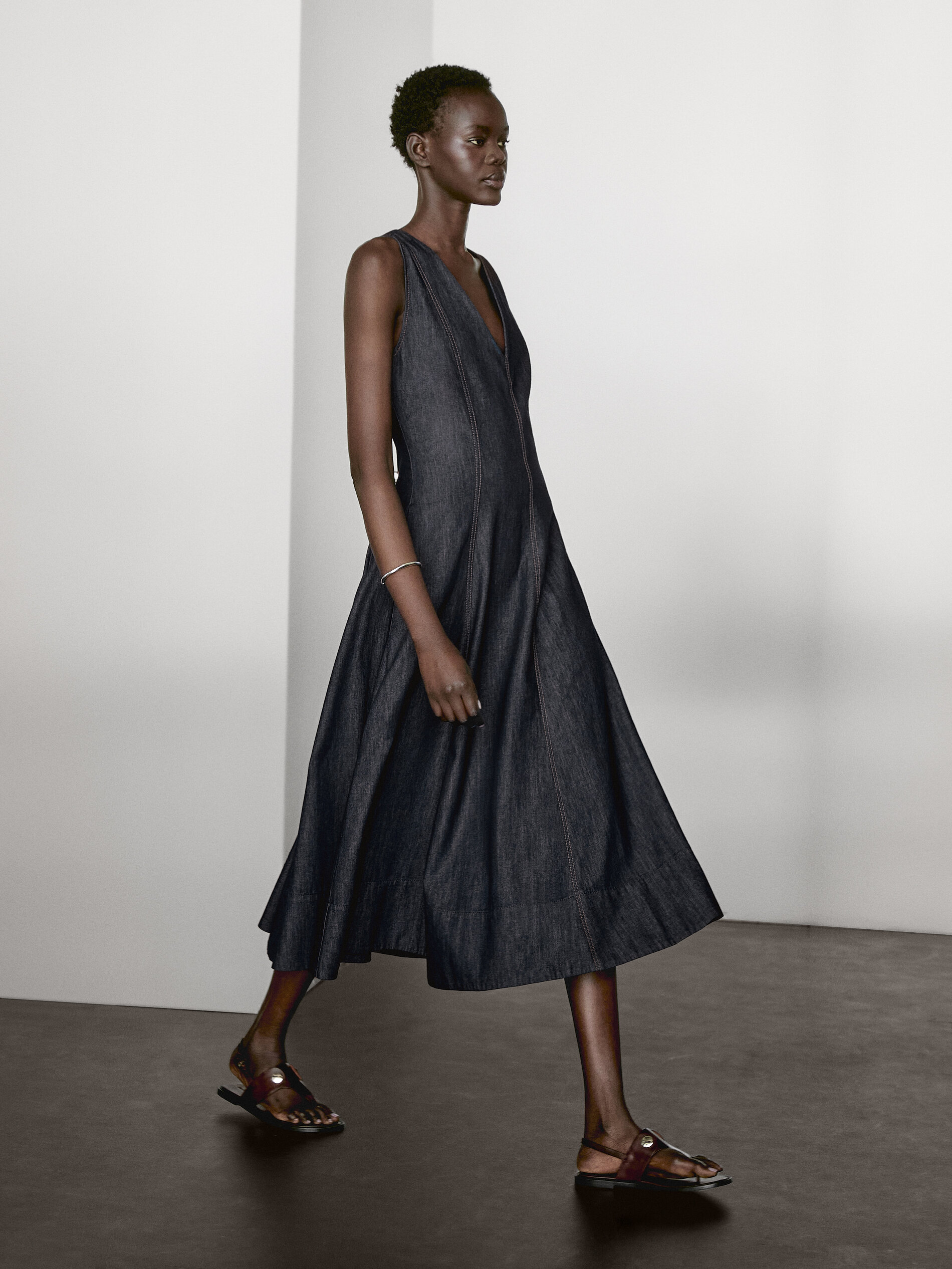 Robe Midi Denim Coutures Apparentes - Gris Foncé - M - Massimo Dutti - Femme
