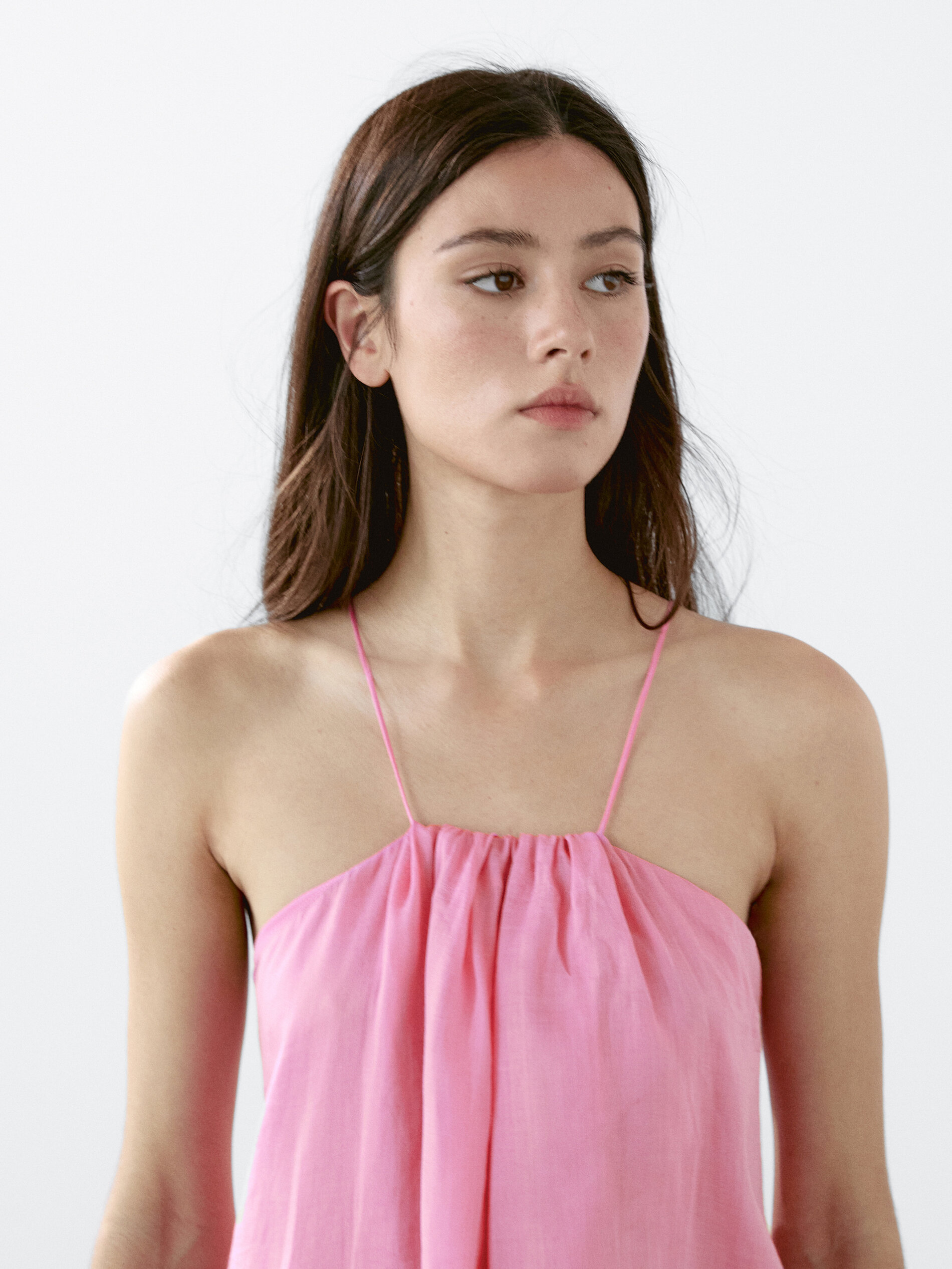 Robe Longue Froncée À Encolure Américaine - Rose - M - Massimo Dutti - Femme