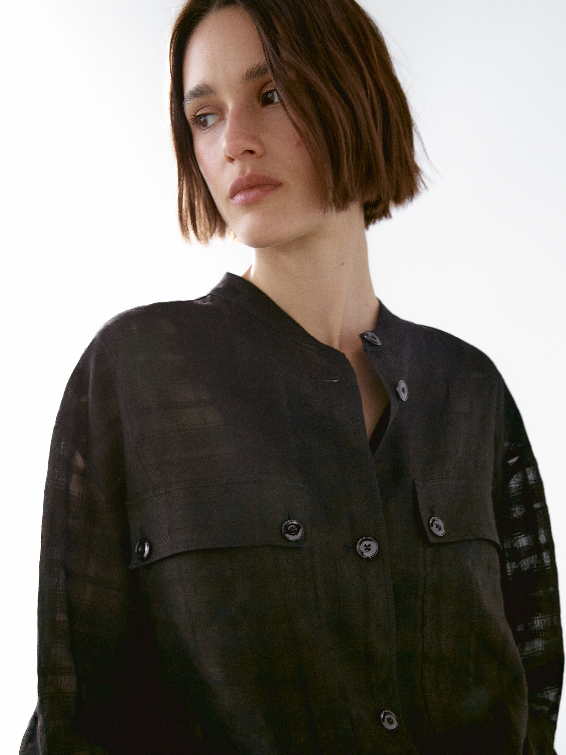 Veste Bomber À Carreaux En Lin Mélangé - Noir - M - Massimo Dutti - Femme