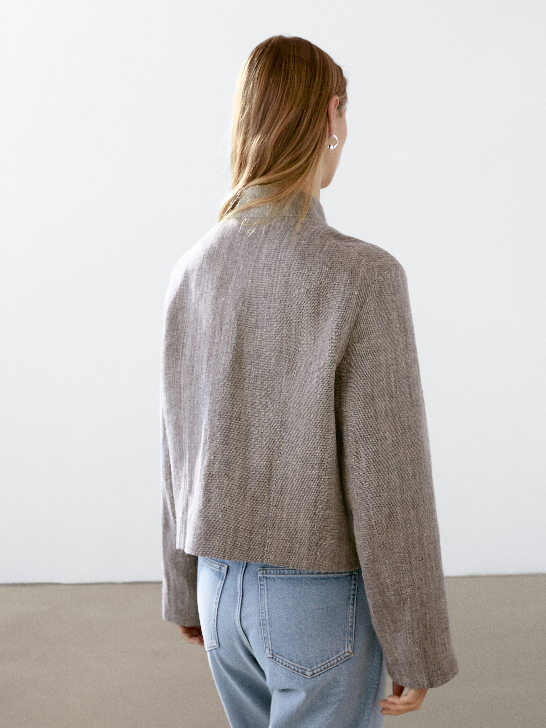 Veste Courte Lin À Col Mao - Gris - M - Massimo Dutti - Femme