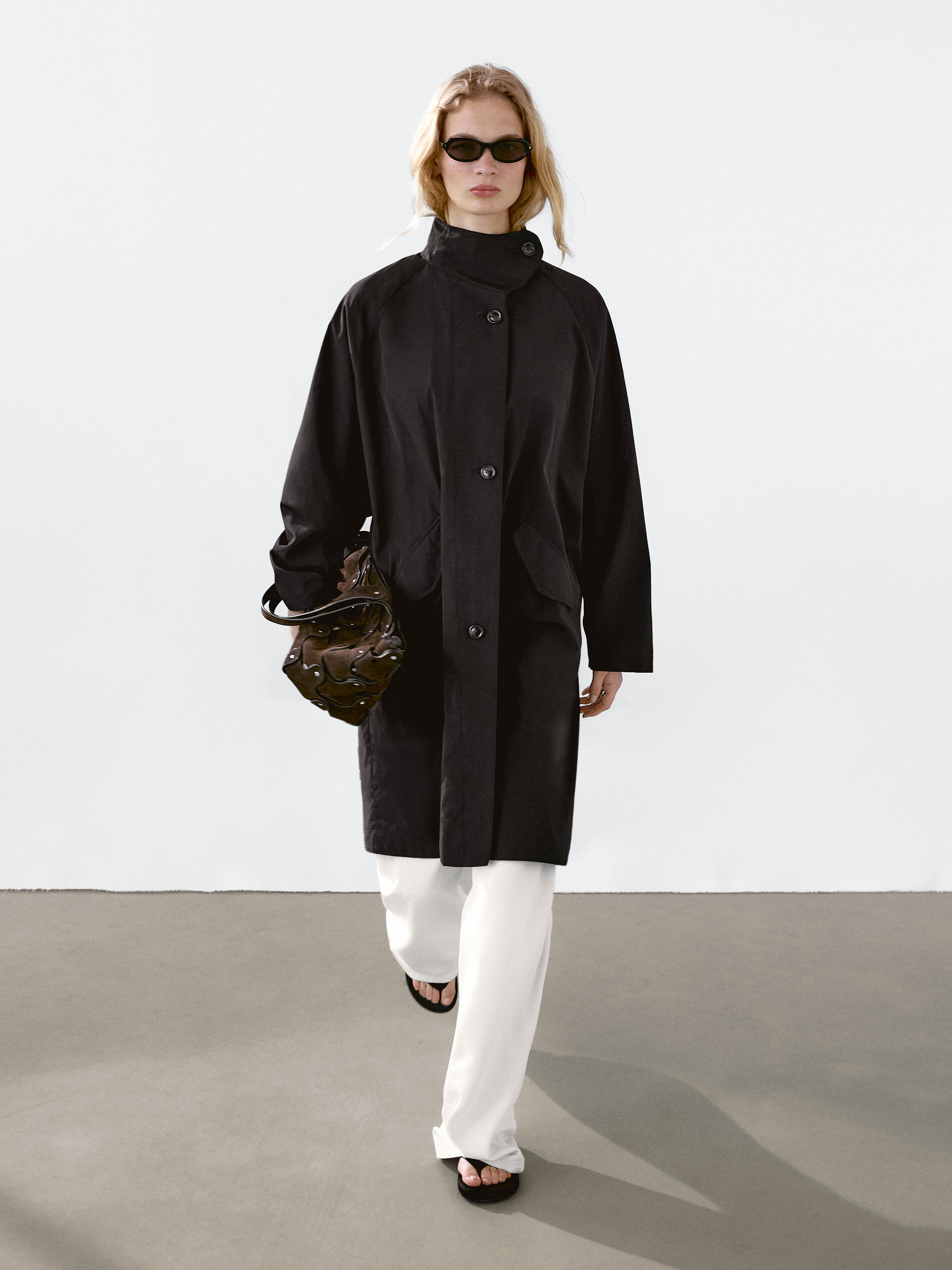 Trench Fluide Oversize Tissu Hydrofuge - Noir - M - Massimo Dutti - Femme