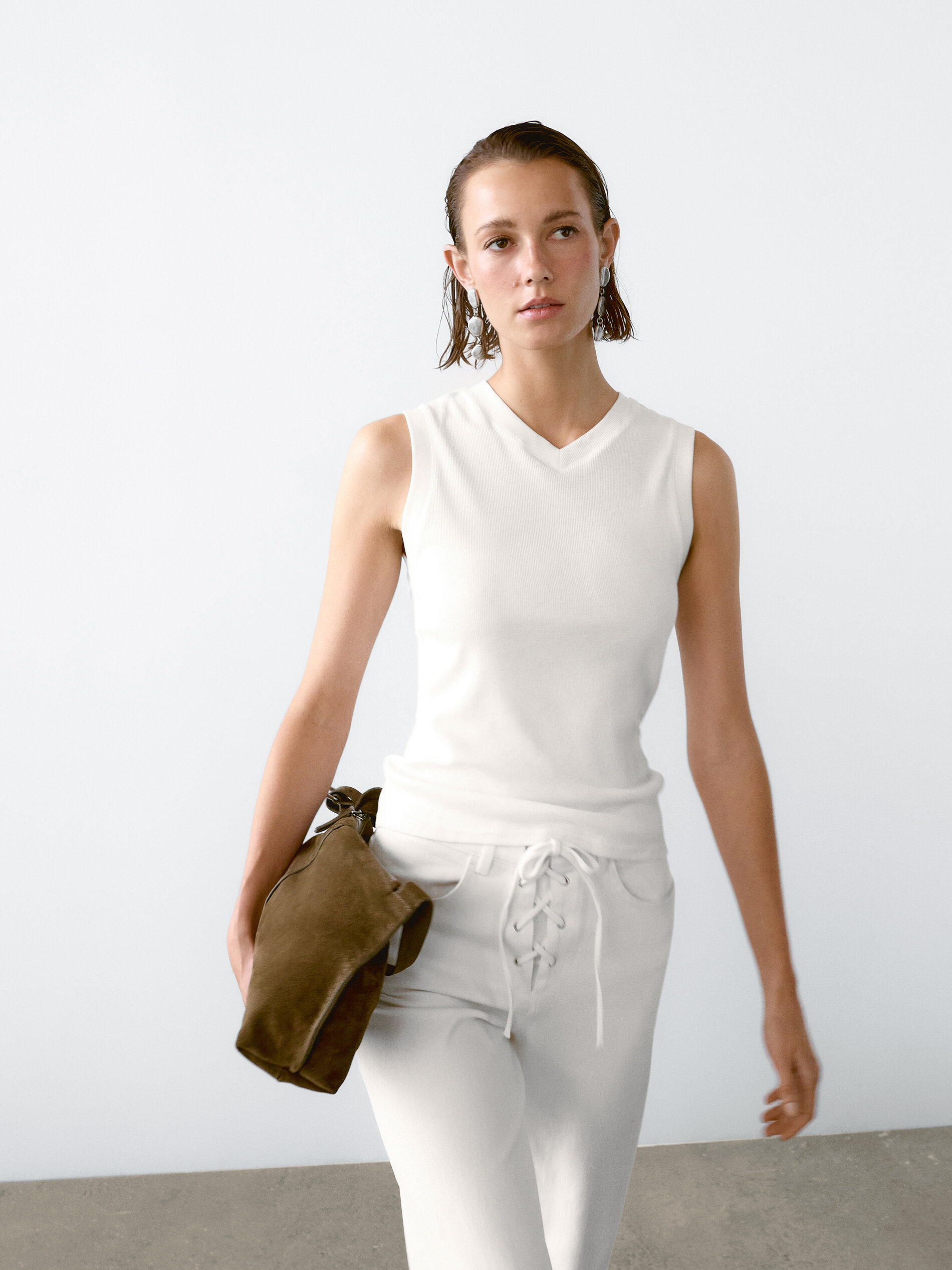 Camiseta Cuello Pico 100% Algodón - Crudo - S - Massimo Dutti - Mujer