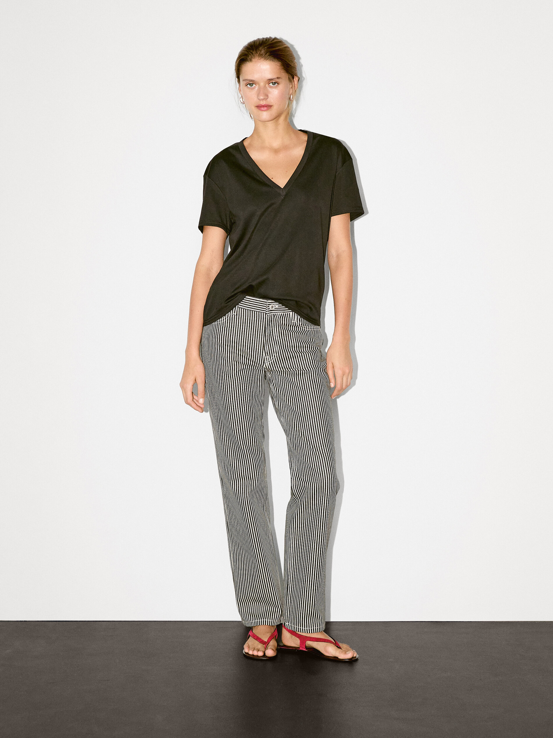 T-Shirt 100 % Coton À Col En V - Noir - L - Massimo Dutti - Femme