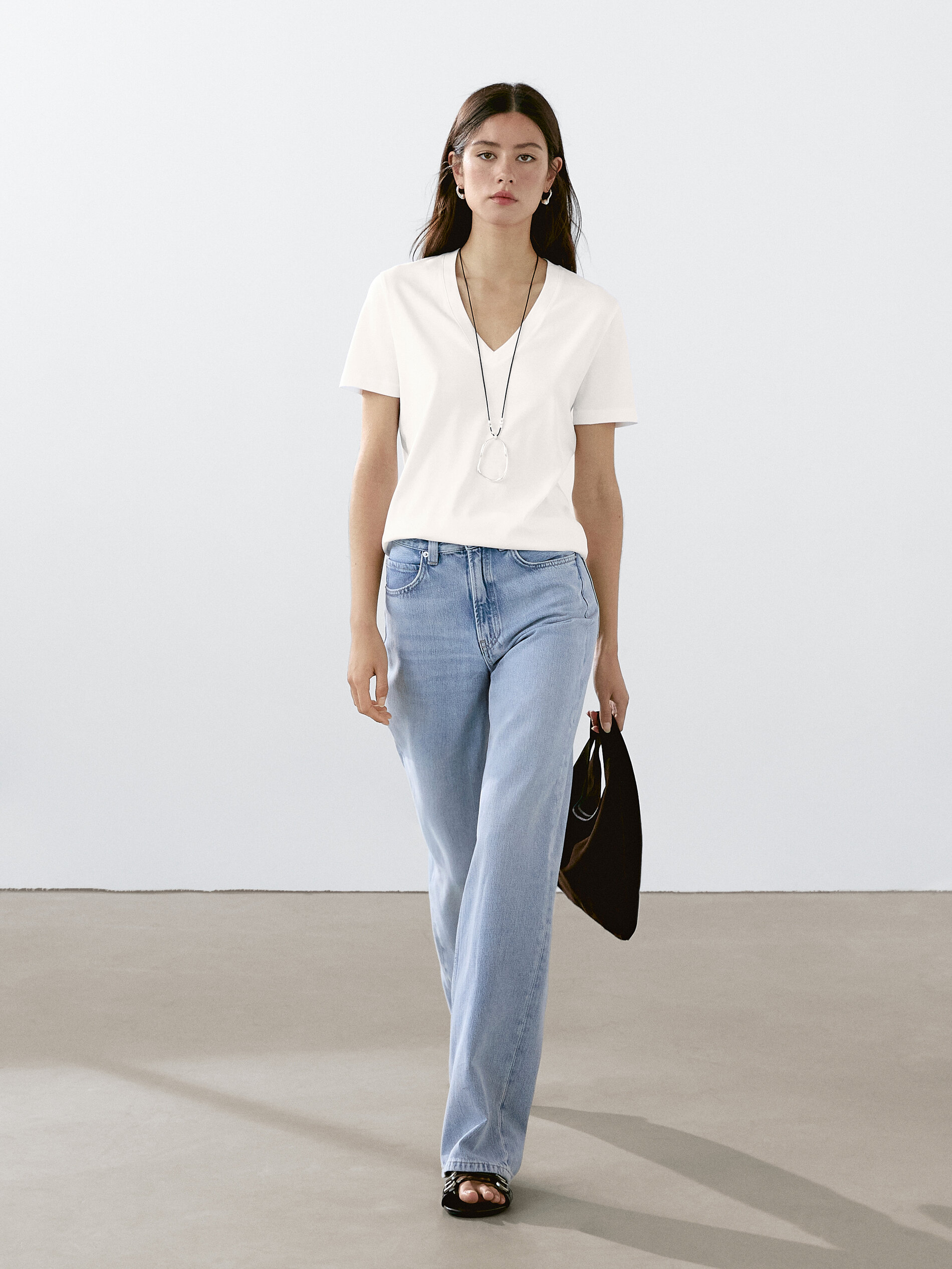 T-Shirt 100 % Coton Col En V - Blanc - Xs - Massimo Dutti - Femme