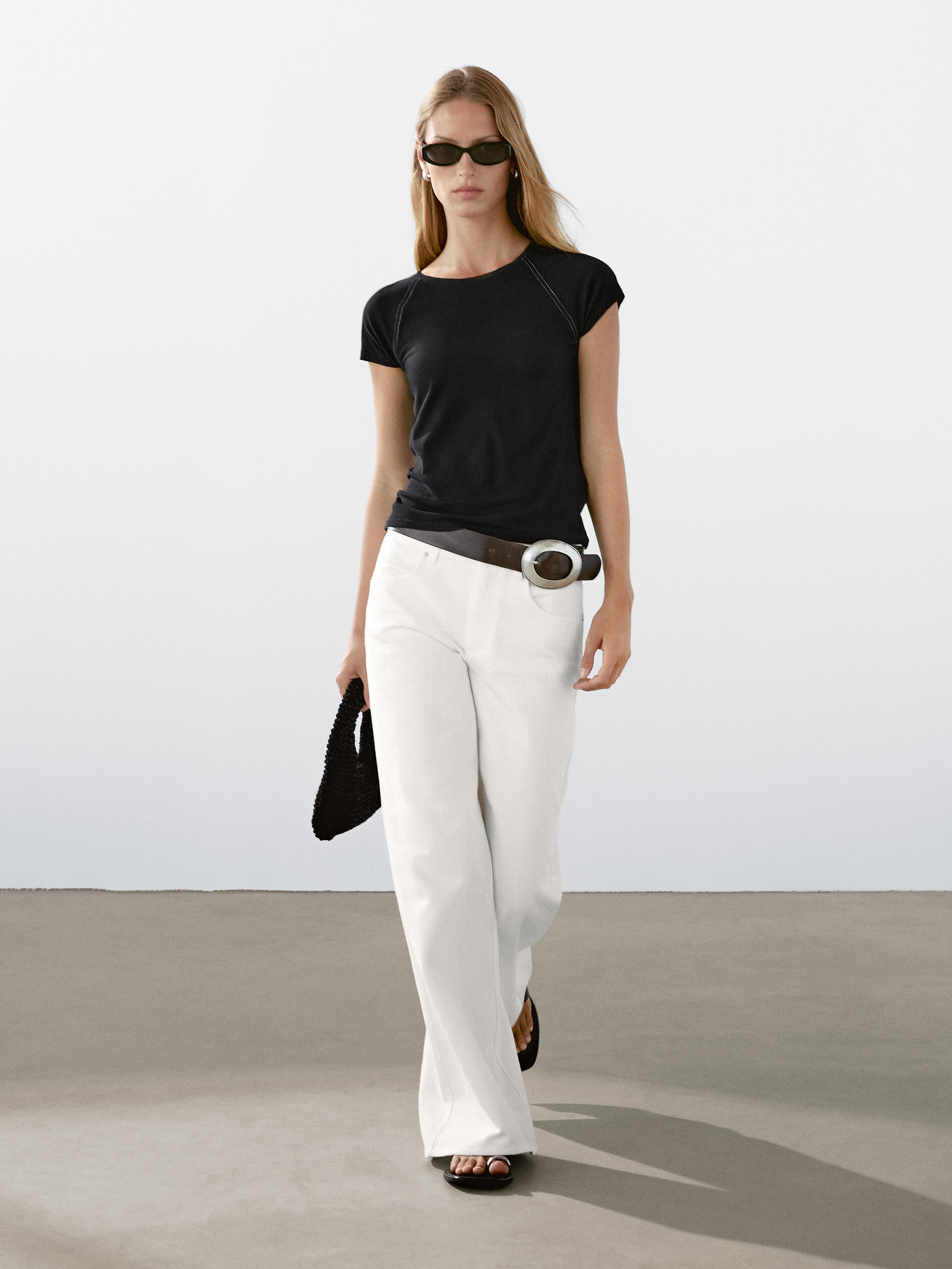 T-Shirt Manches Courtes Coutures Contrastantes - Noir - Xs - Massimo Dutti - Femme