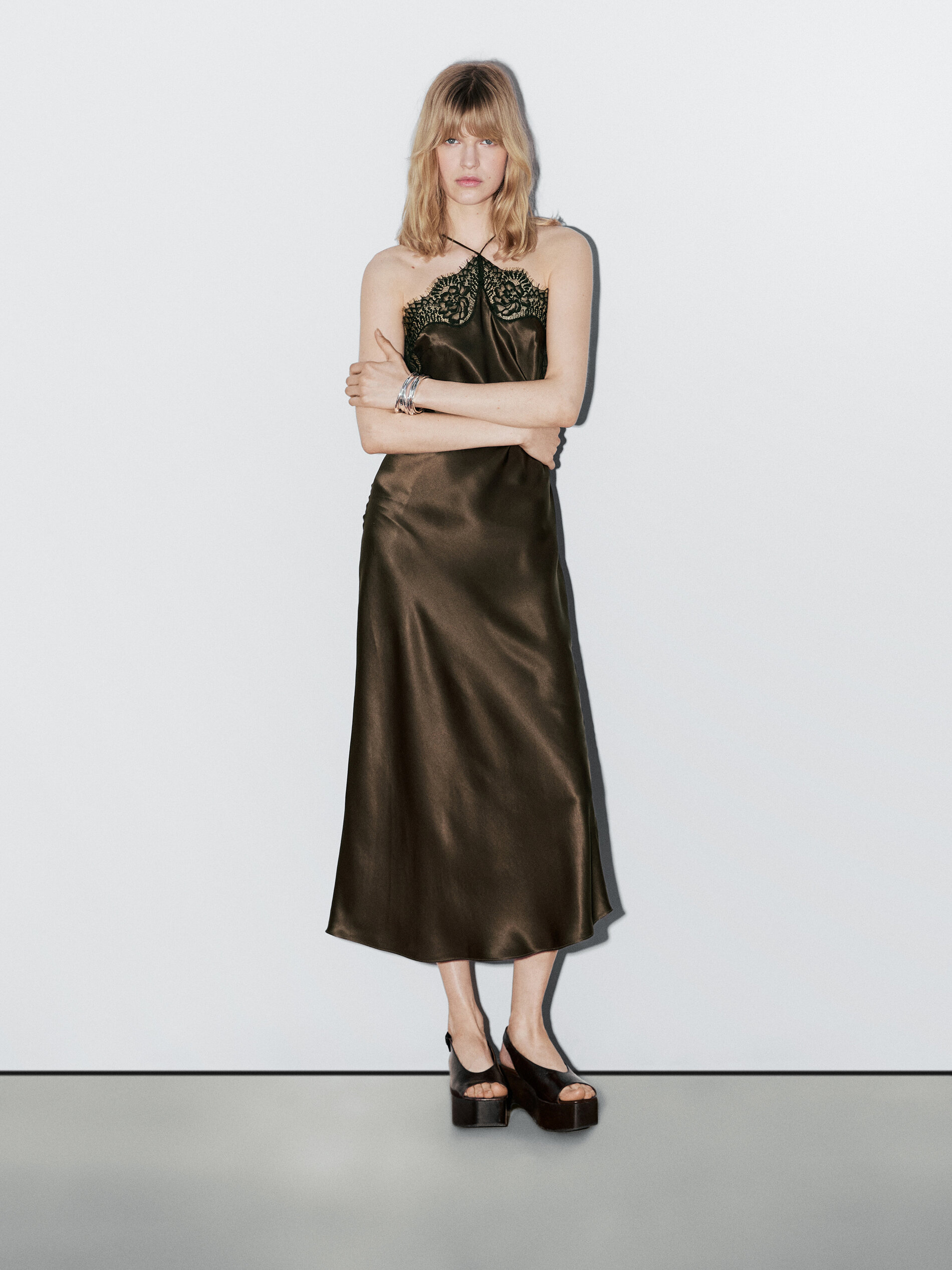 Robe Nuisette Satinée - Studio - Marron - M - Massimo Dutti - Femme