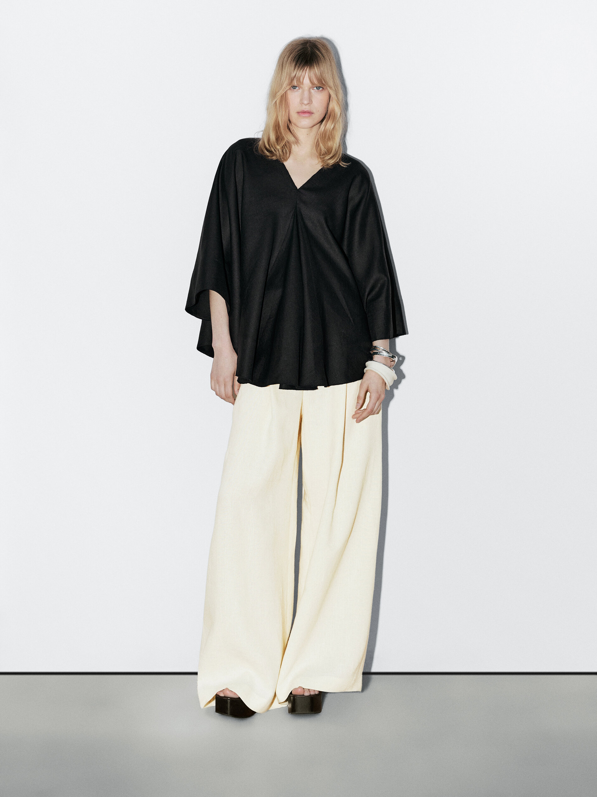 Chemisier Cape Fluide 100 % Lin - Studio - Noir - S - Massimo Dutti - Femme