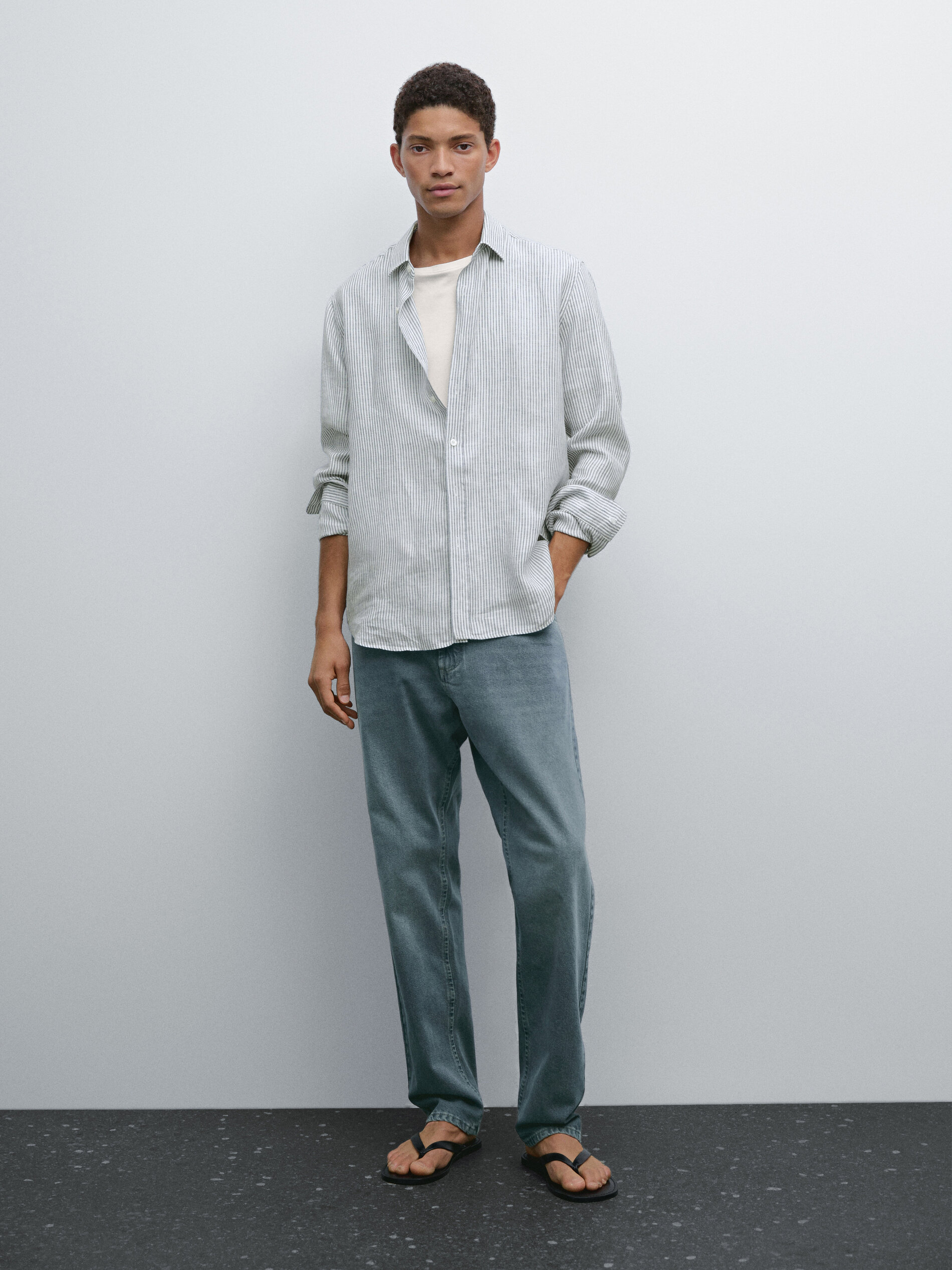 Camicia A Righe Regular Fit In Lino - Blu Marino - S - Massimo Dutti - Maschile
