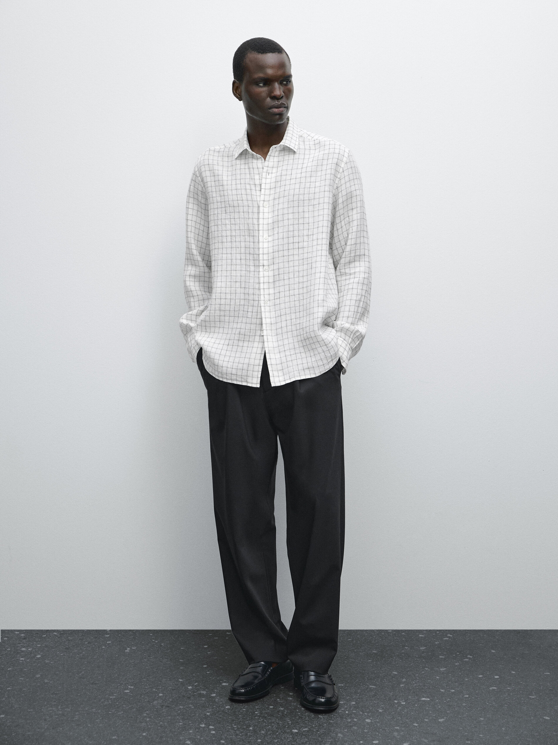 Chemise Lin Regular Fit À Carreaux - Blanc - M - Massimo Dutti - Homme
