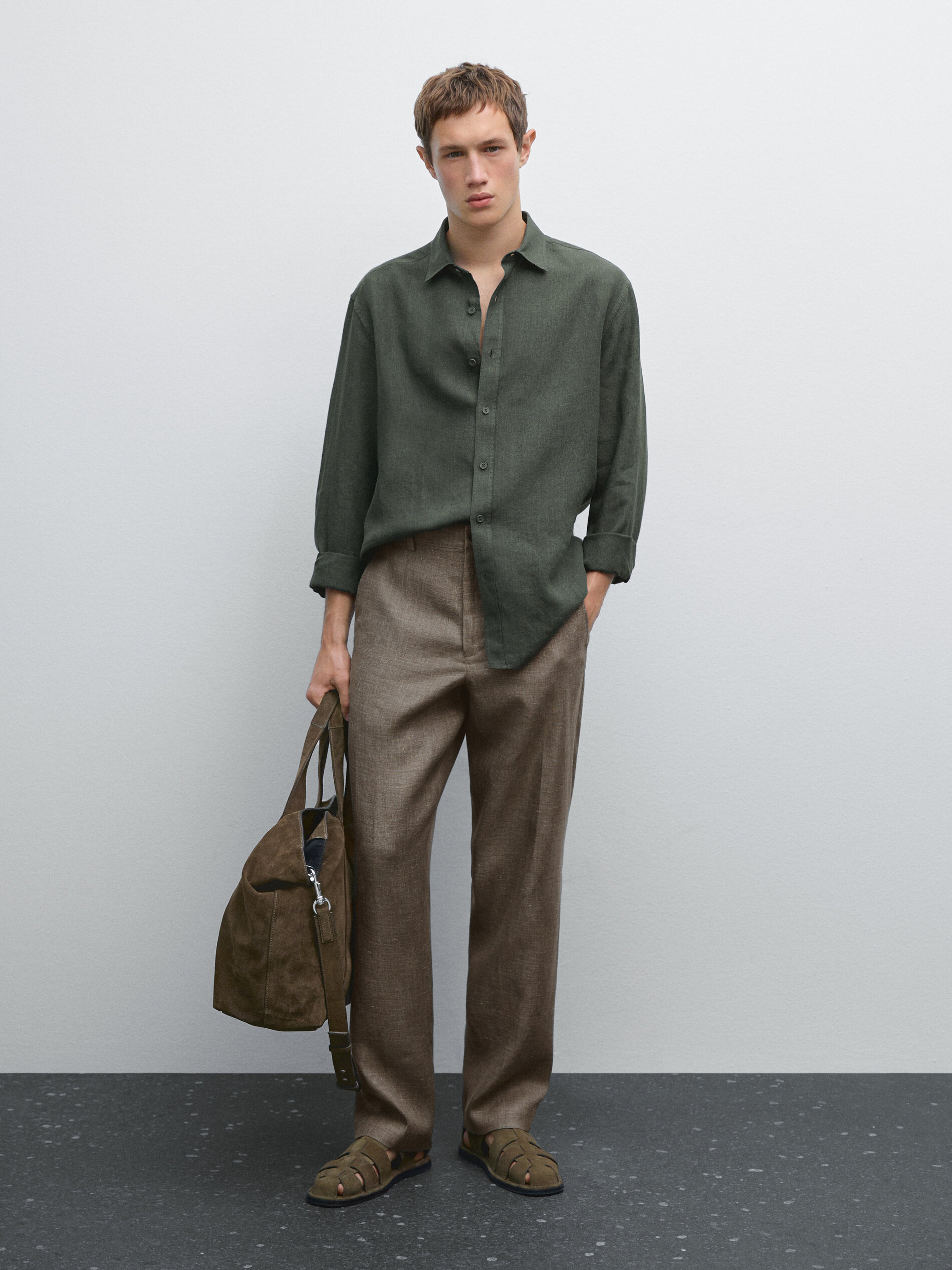 Chemise Regular Délavée En Lin - Kaki Sombre - Xl - Massimo Dutti - Homme