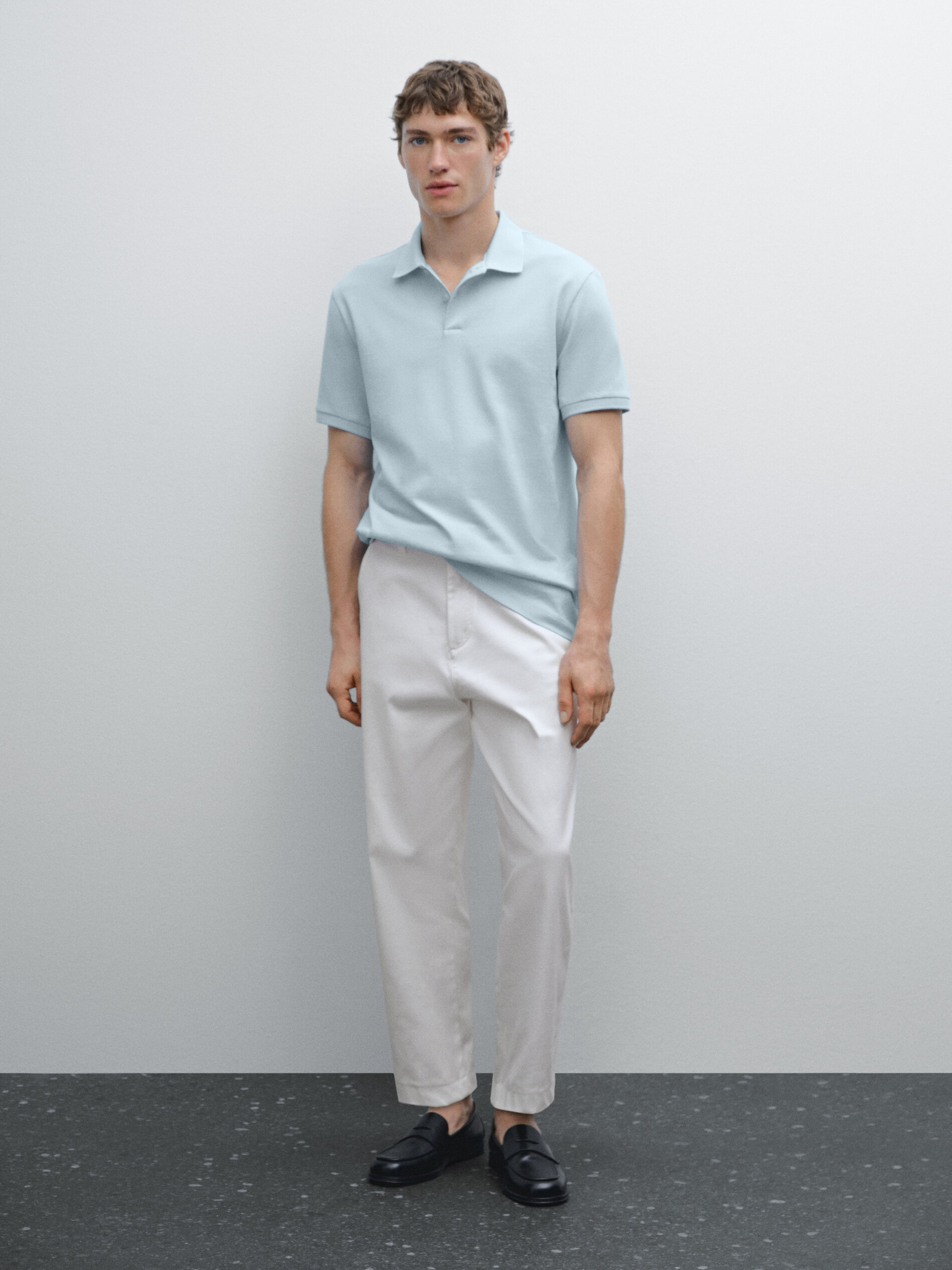 Polo Micro-Texture En Piqué De Coton - Bleu Clair - Xl - Massimo Dutti - Homme