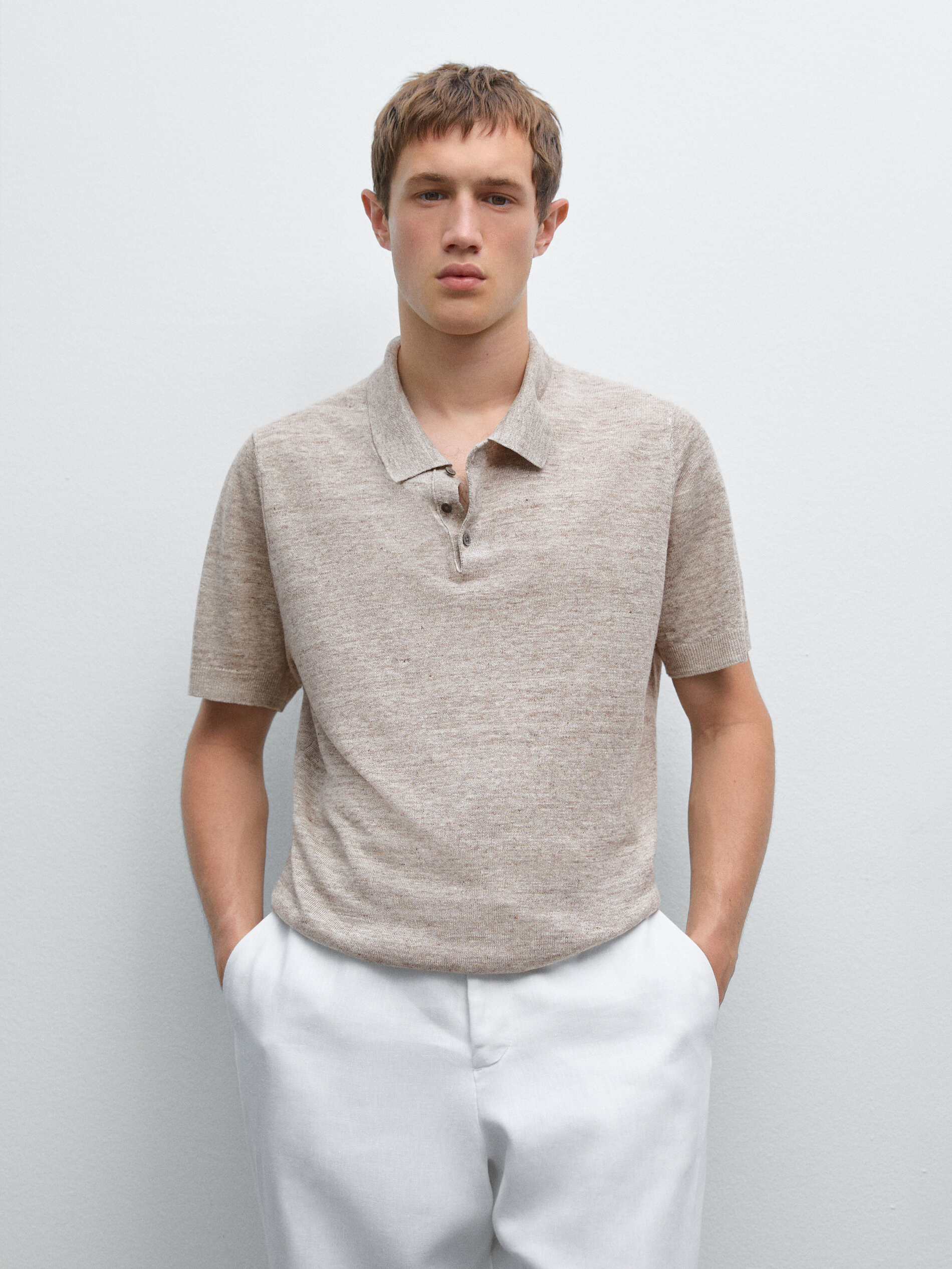 Polo De Malha Em Linho Mélange - Bege - L - Massimo Dutti - Homem