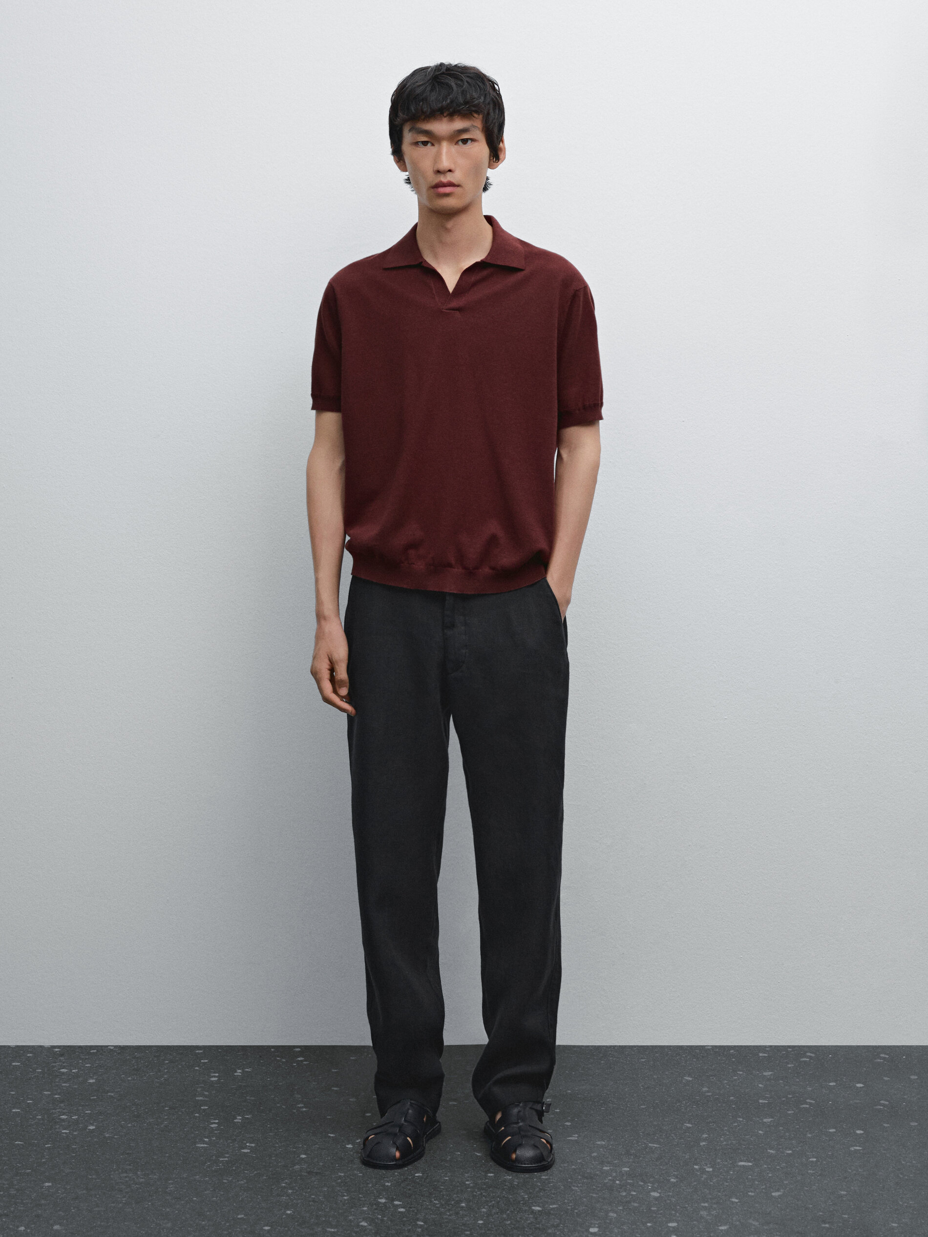 Polo En Maille De Lin Mélangé À Col En V - Grenat - Xxl - Massimo Dutti - Homme