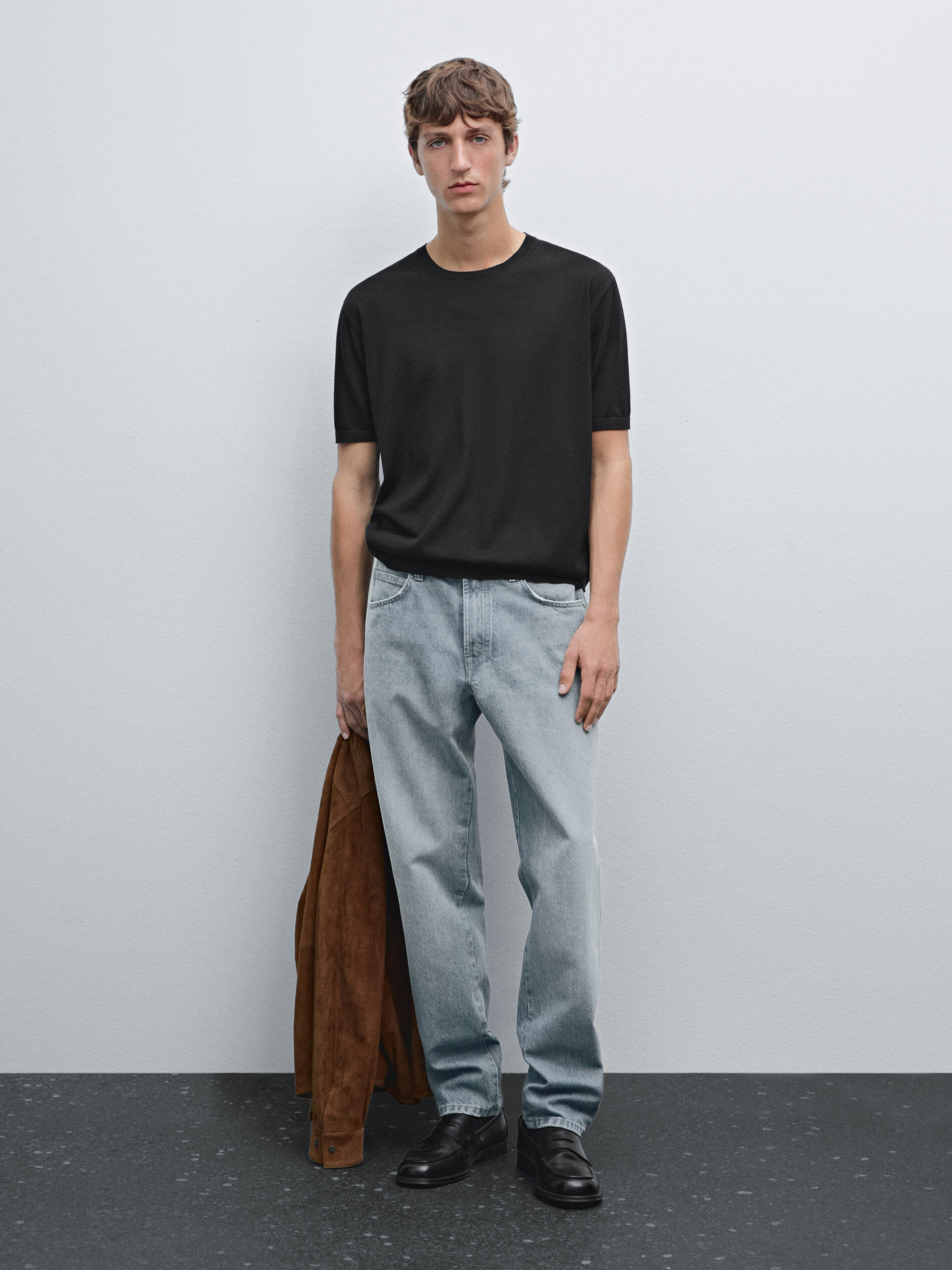 T-Shirt En Maille De Laine Mélangée À Manches Courtes - Noir - L - Massimo Dutti - Homme