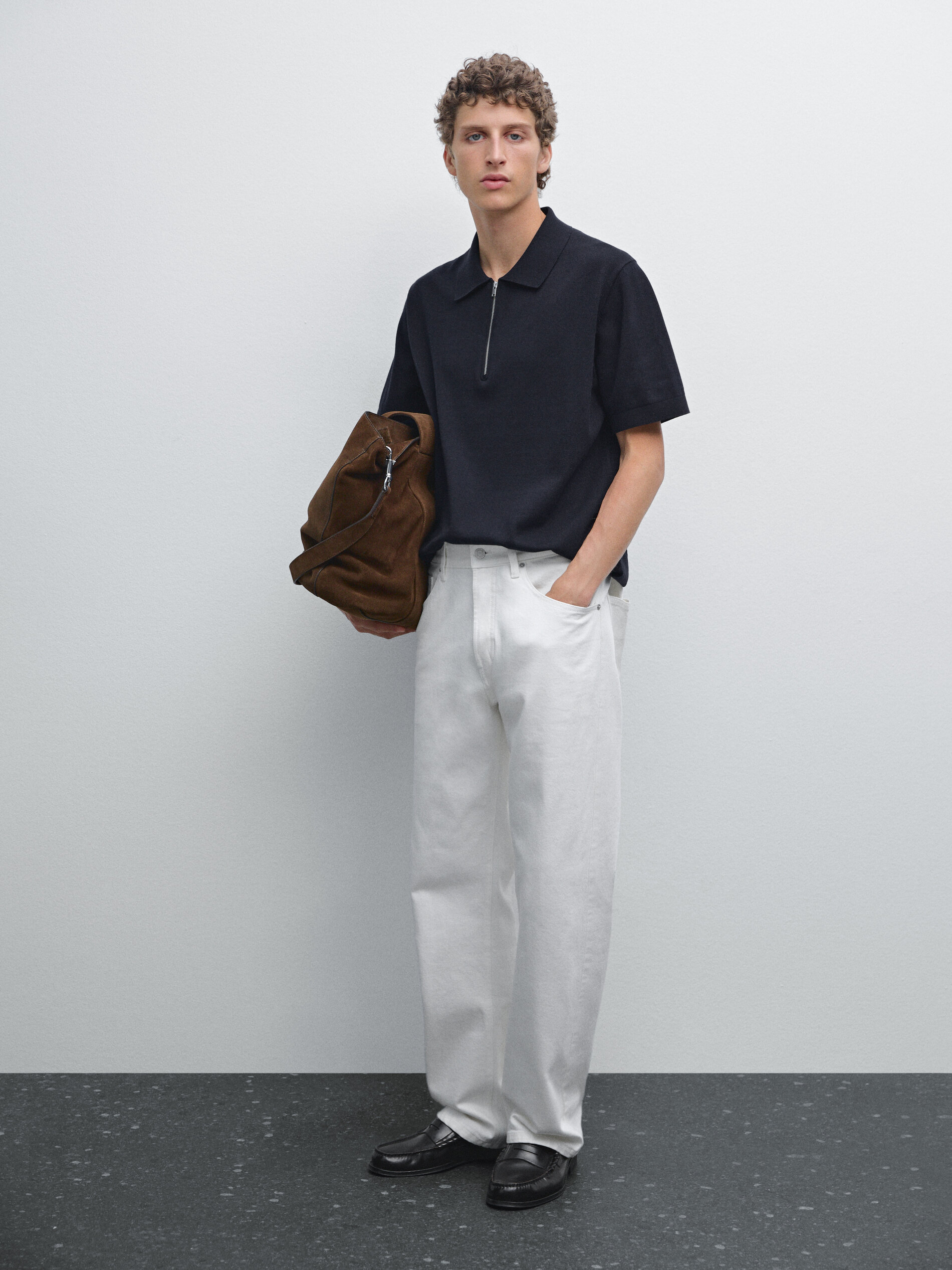 Polo En Maille De Coton À Col Zippé - Bleu Marine - S - Massimo Dutti - Homme