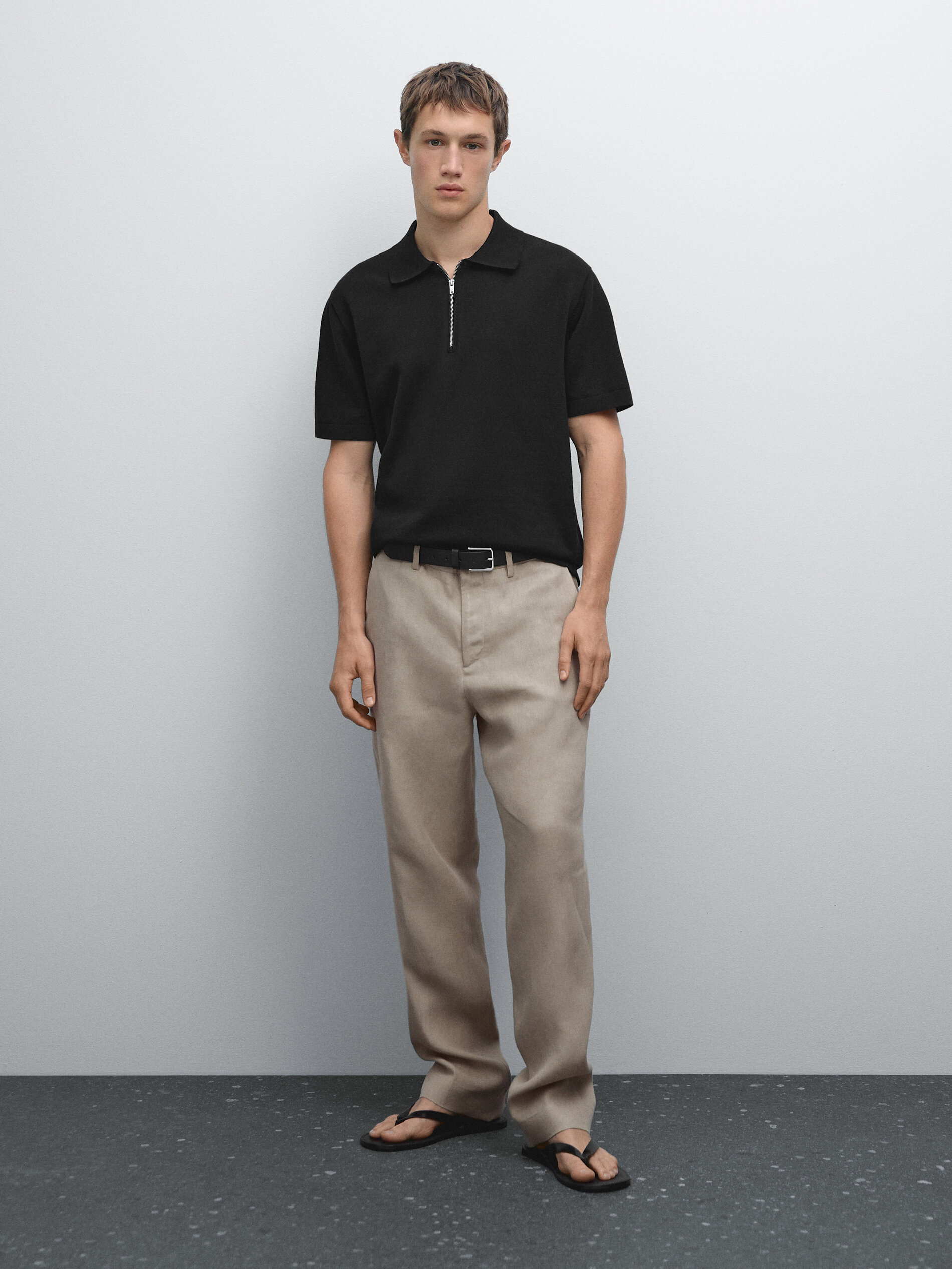 Polo De Malha Com Gola De Fecho De Correr Em Algodão - Preto - M - Massimo Dutti - Homem