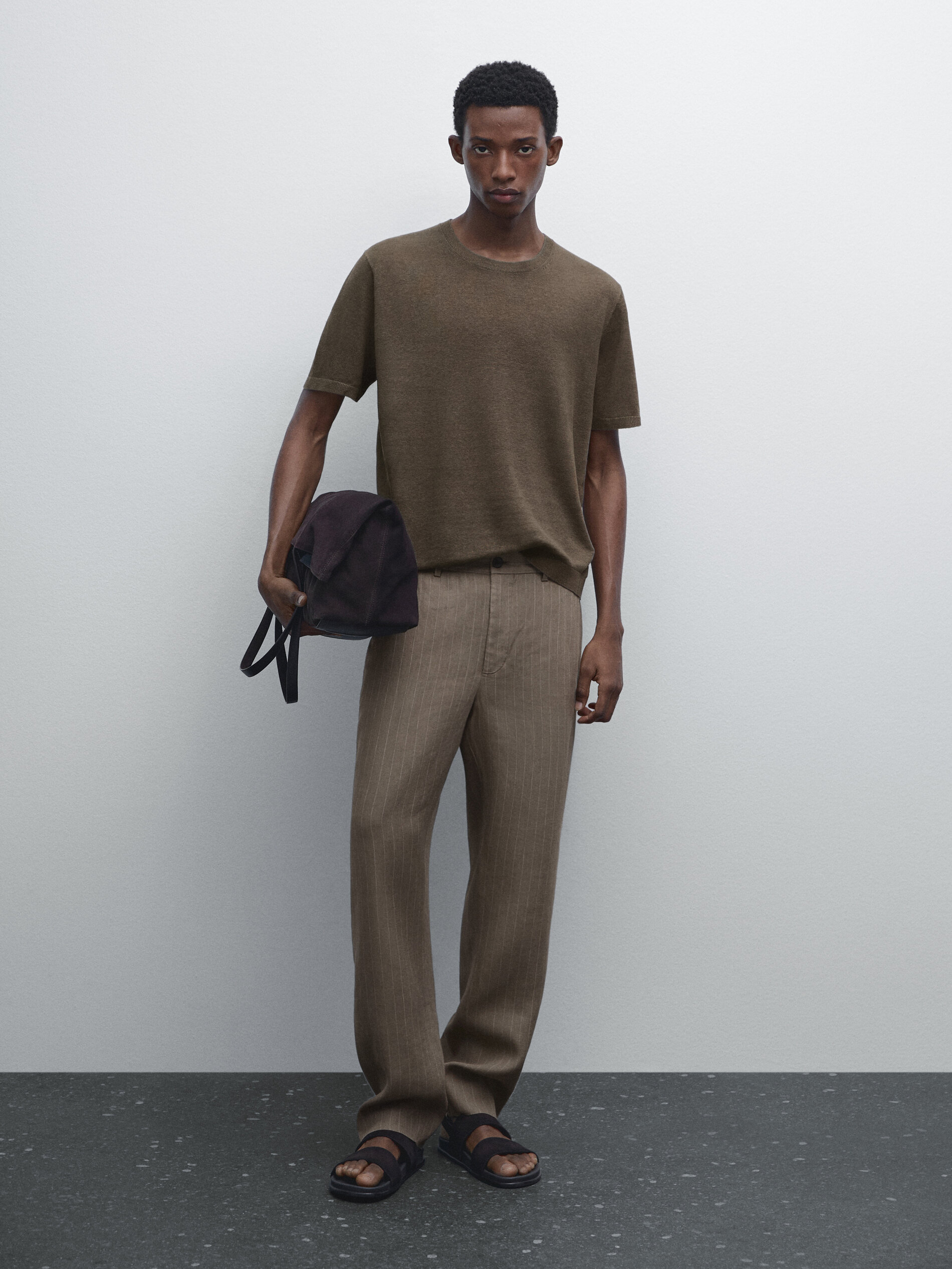 T-Shirt De Malha De Manga Curta 100% Linho - Café - L - Massimo Dutti - Homem