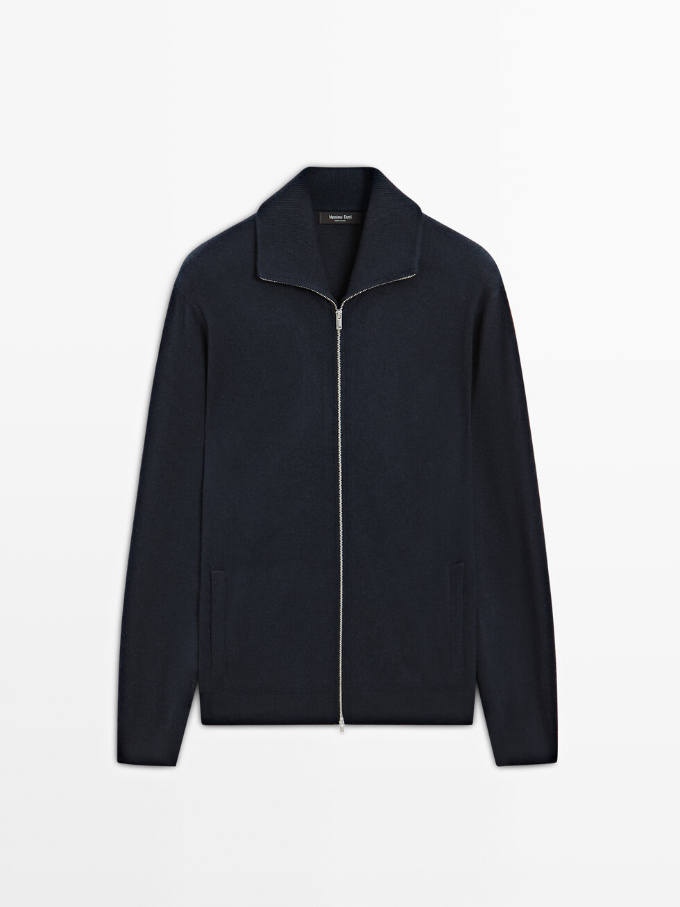 Zip-up high neck cardigan · Navy Blue, Sand, Medium Grey