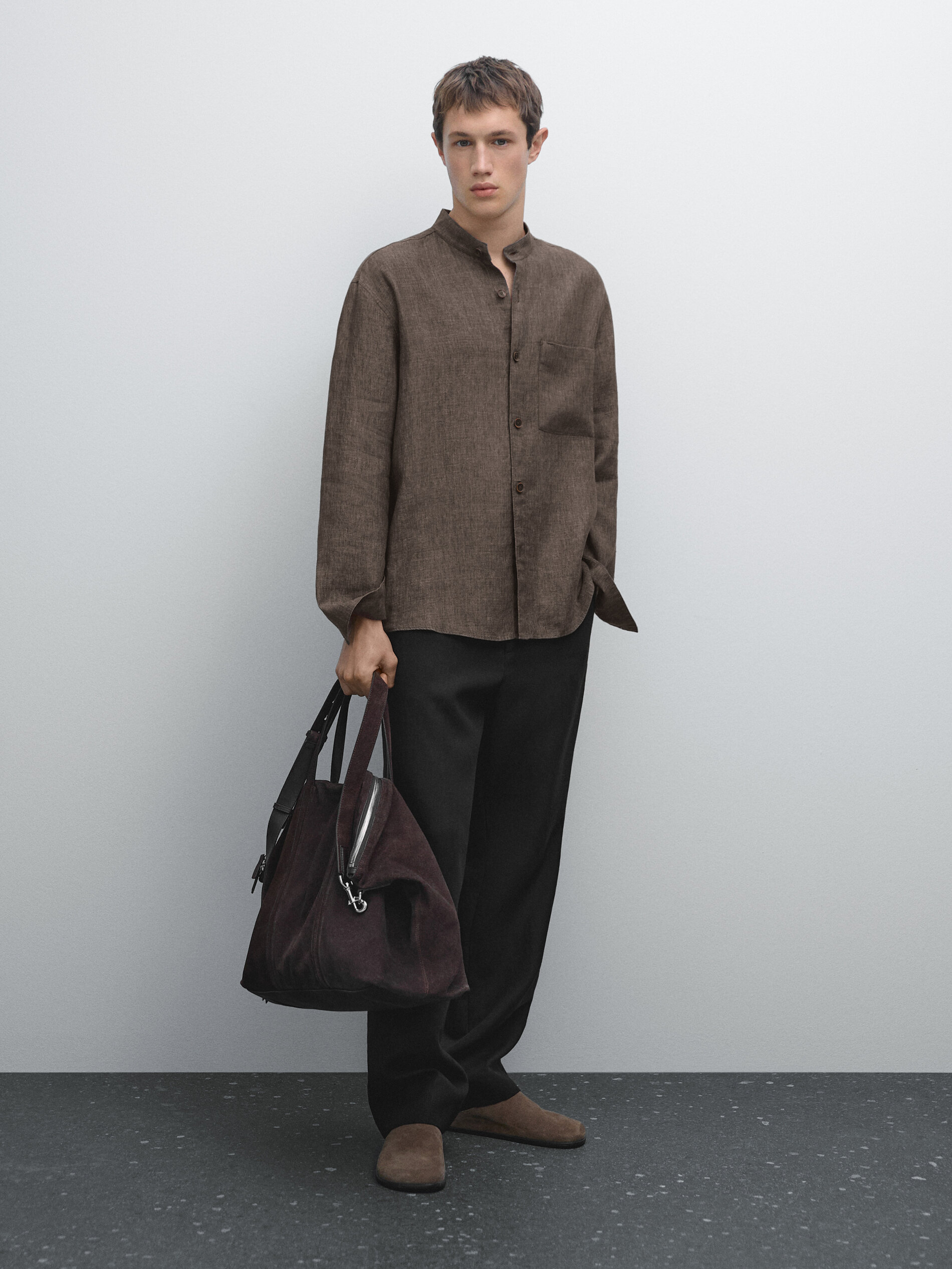 Camisa Larga Relaxed Fit Com Gola De Tira - Castanho - Xl - Massimo Dutti - Homem