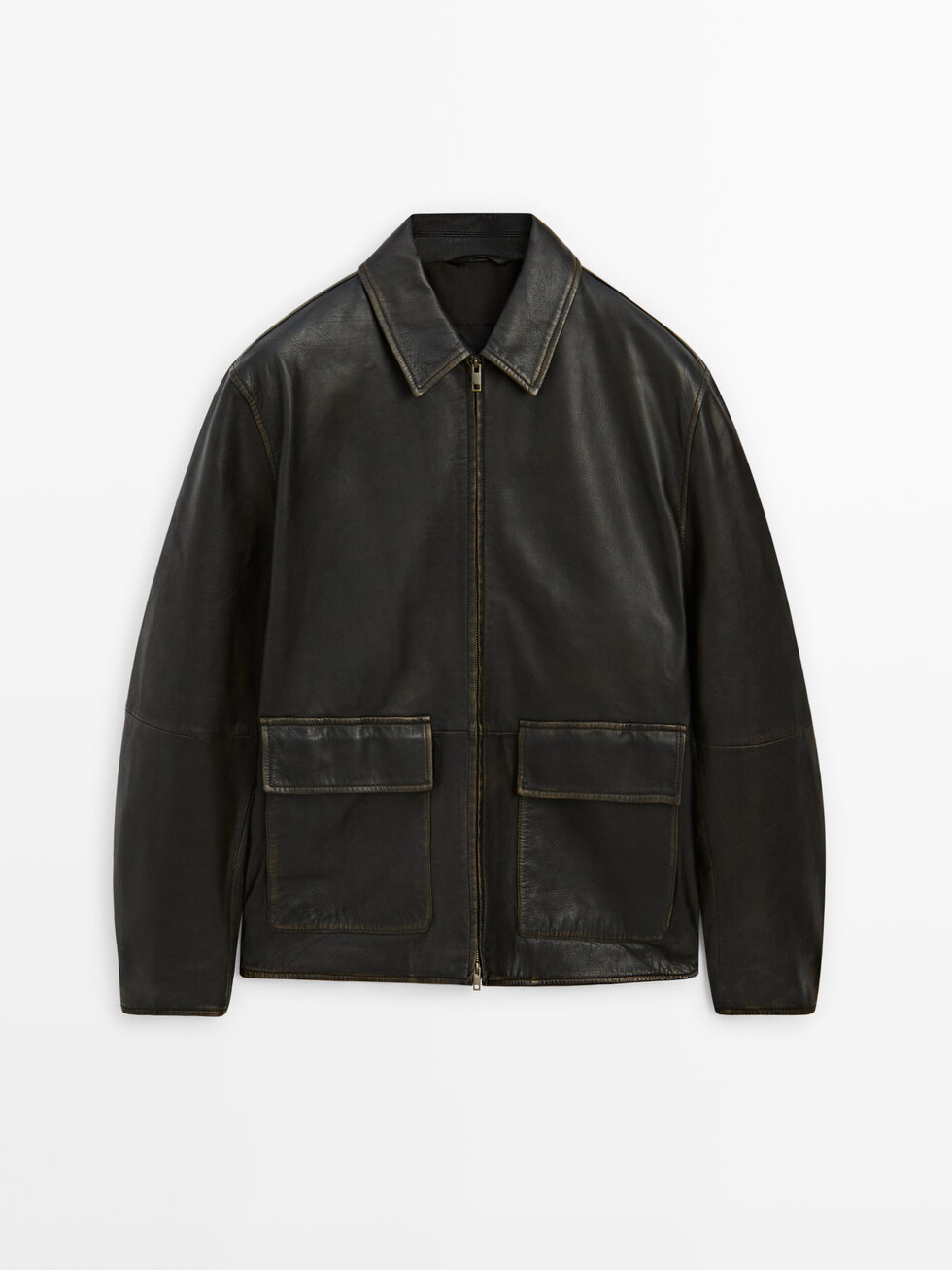 Distressed effect short nappa leather jacket