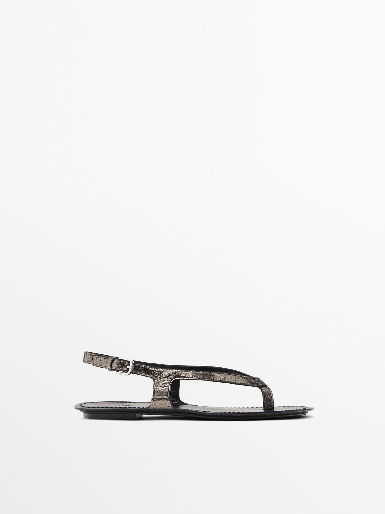 Massimo Dutti - Dames - Metallic Platte Sandaal - Zilver - 37