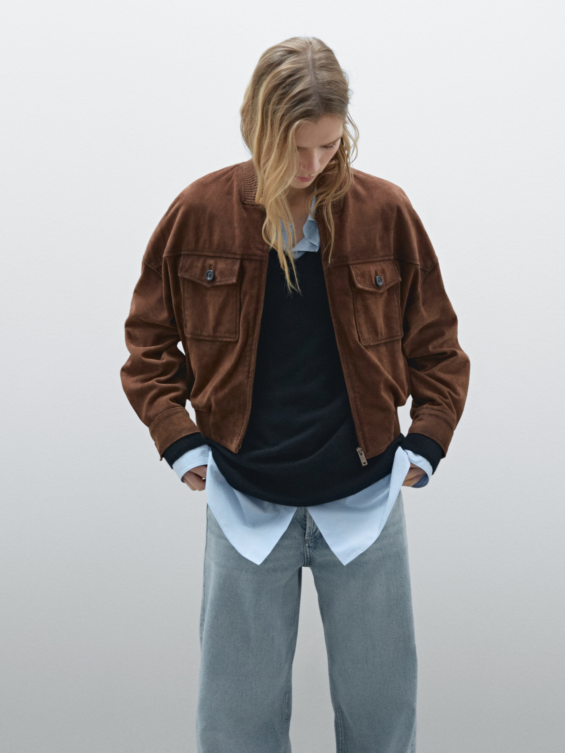 Veste Bomber Avec Poches En Cuir Effet Daim - Marron - S - Massimo Dutti - Femme