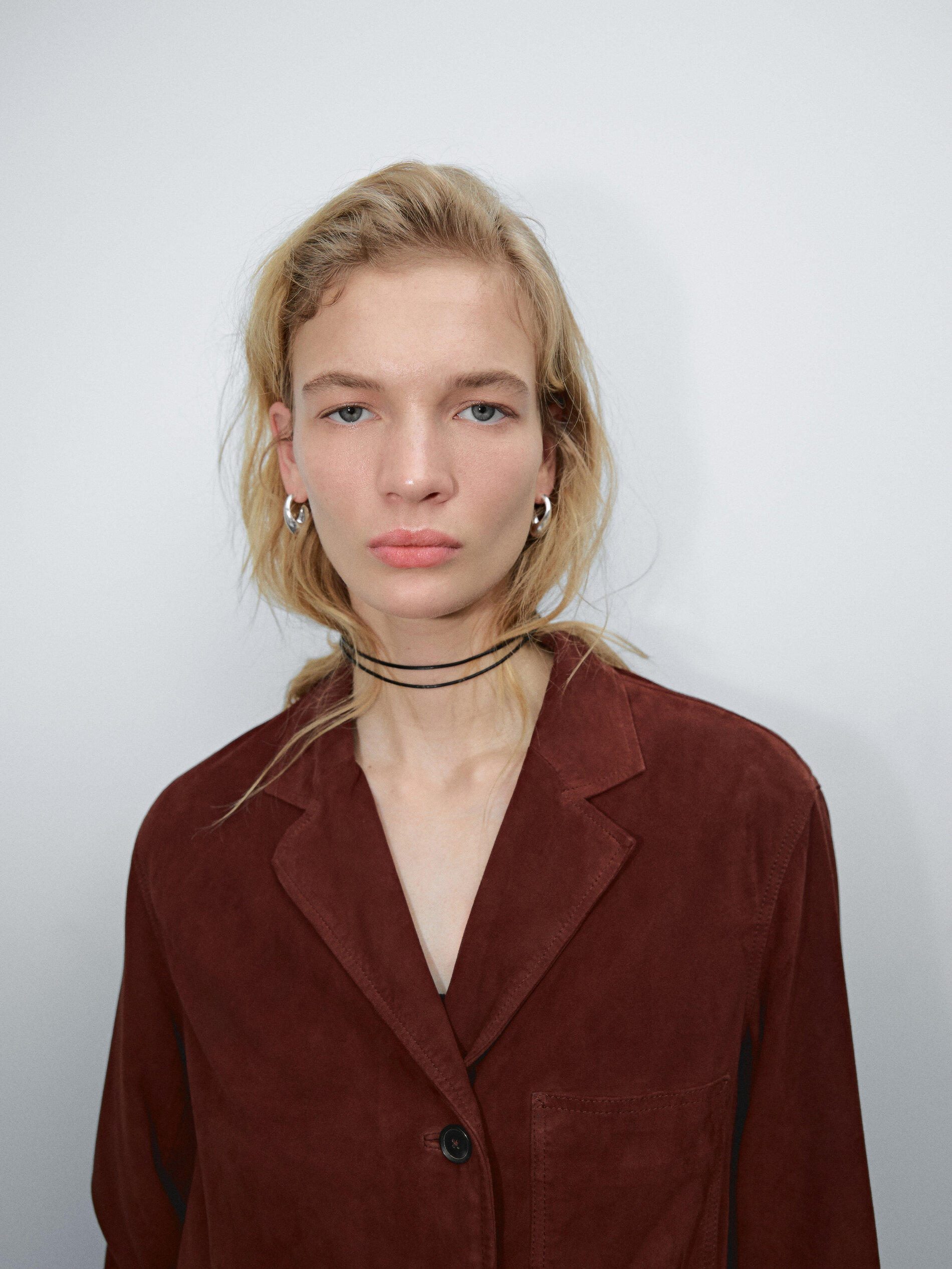 Blazer Droit En Cuir Et Daim - Tuile - S - Massimo Dutti - Femme