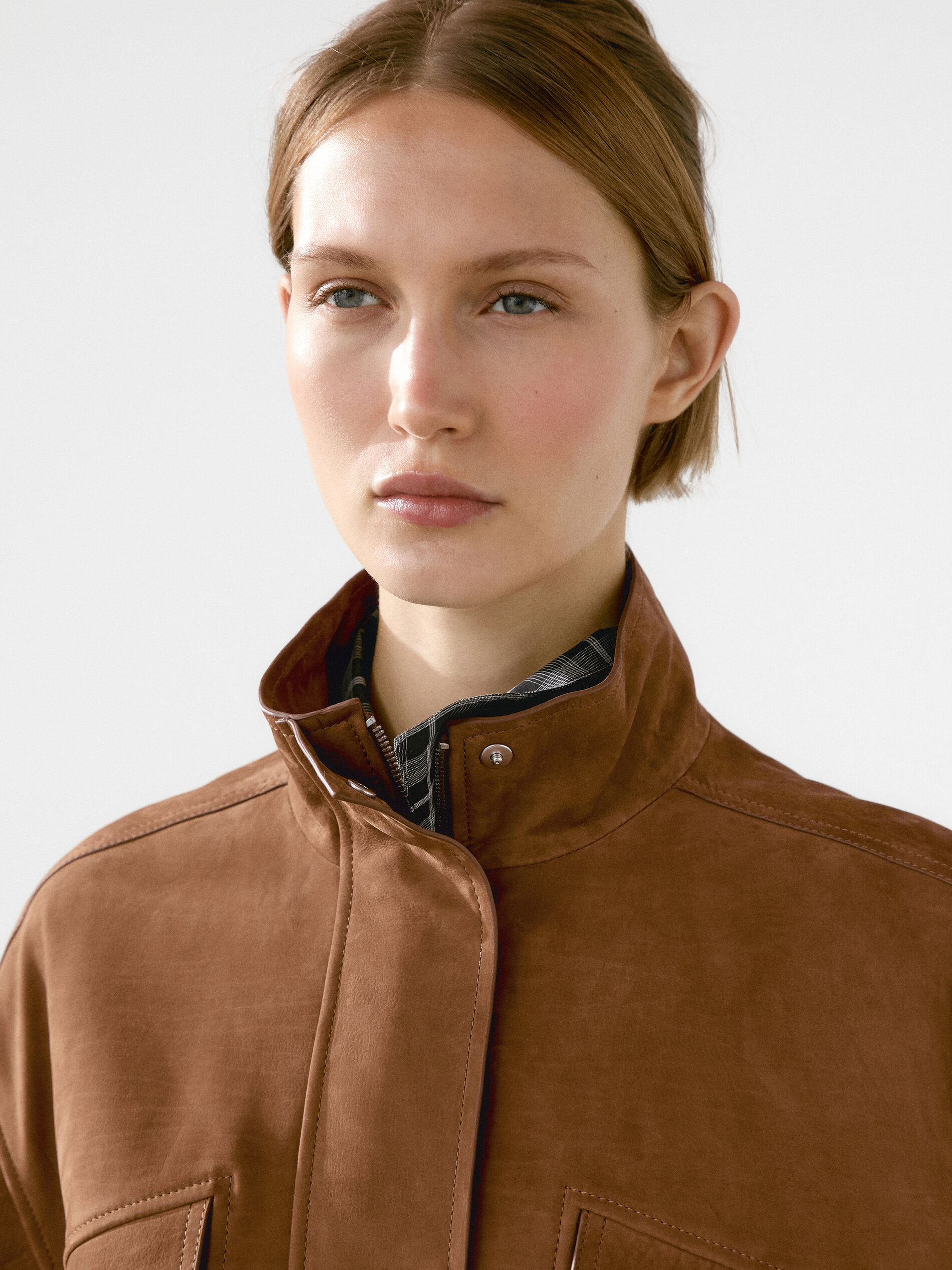 Blouson Bomber Nubuck Cuir Effet Daim - Coñac - M - Massimo Dutti - Femme