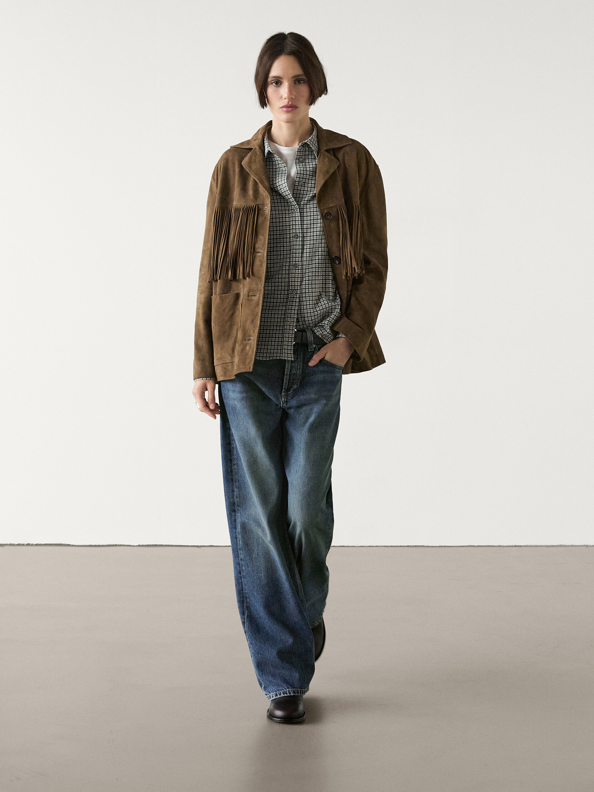 Veste À Franges En Cuir Type Daim - Délavé - L - Massimo Dutti - Femme