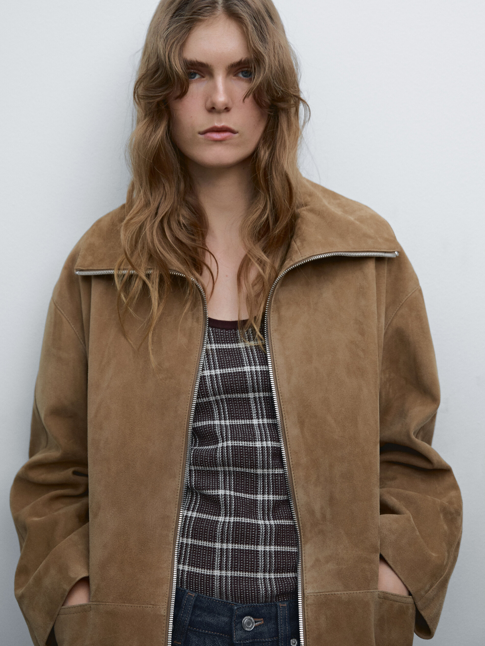 Manteau Mi-Long En Cuir Effet Daim - Délavé - M - Massimo Dutti - Femme
