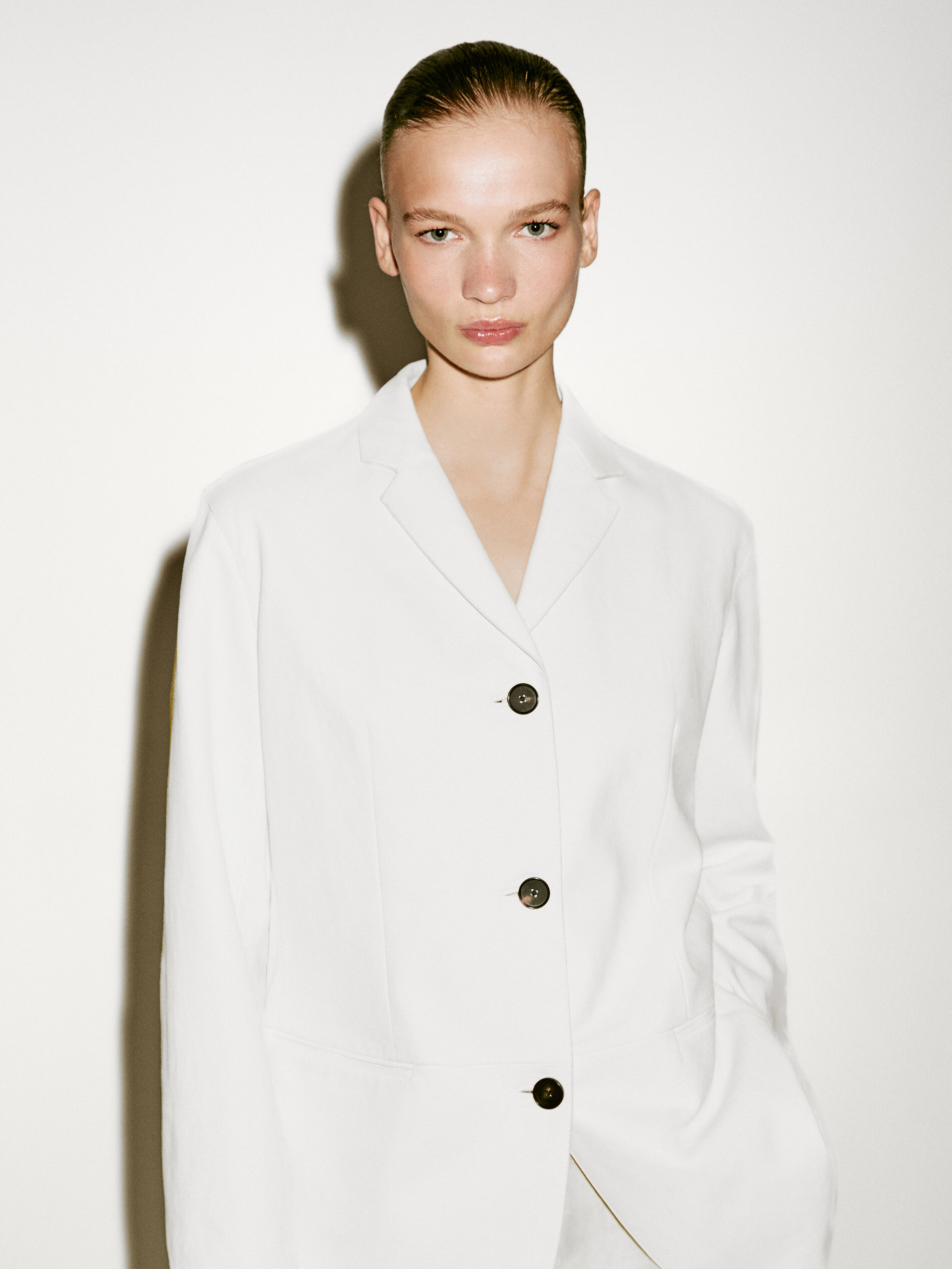 Blazer Long En Cuir Et Daim - Limited Edition - Blanc - S - Massimo Dutti - Femme