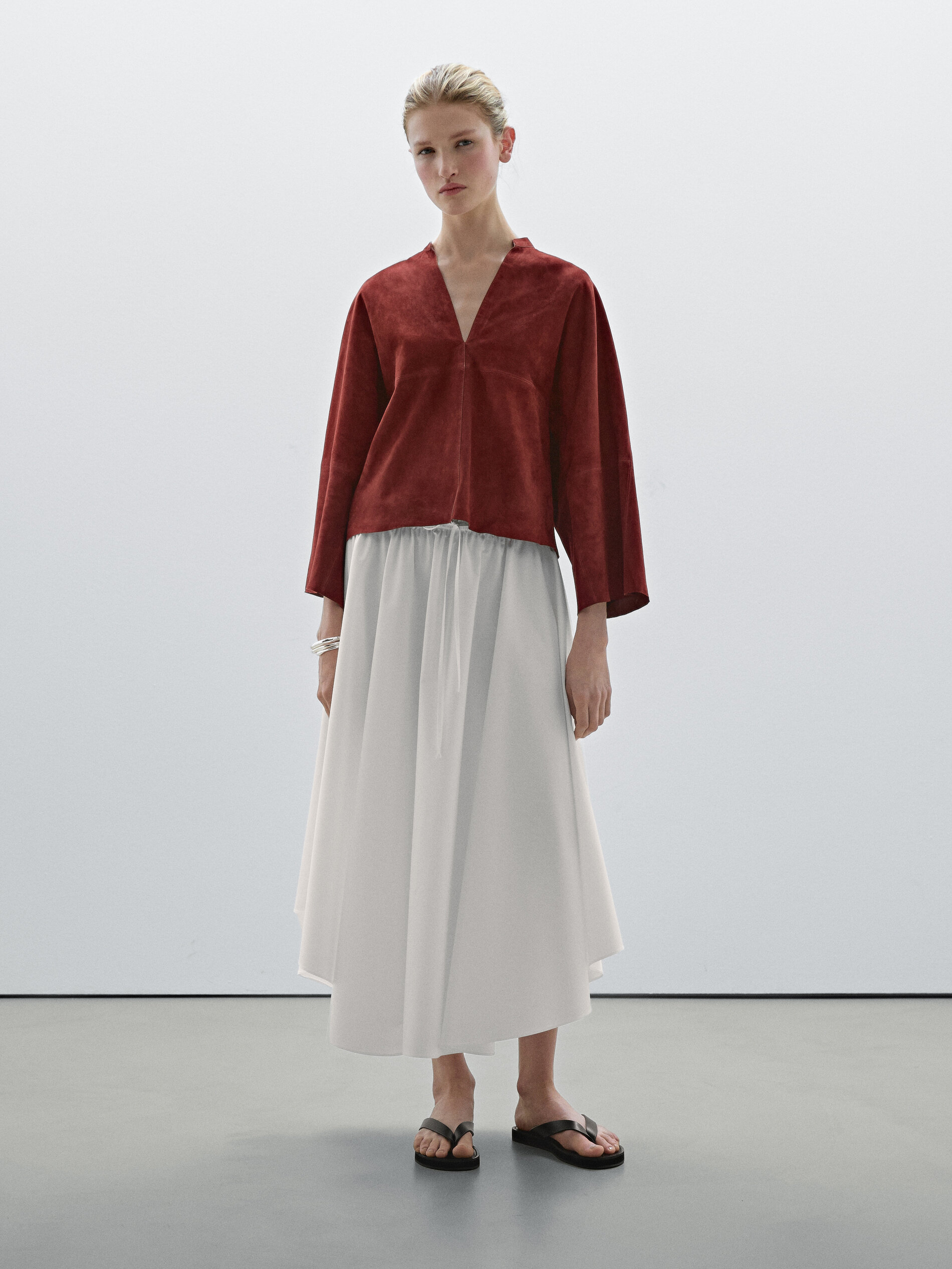 Chemise Large En Cuir Et Daim - Rouge - S - Massimo Dutti - Femme