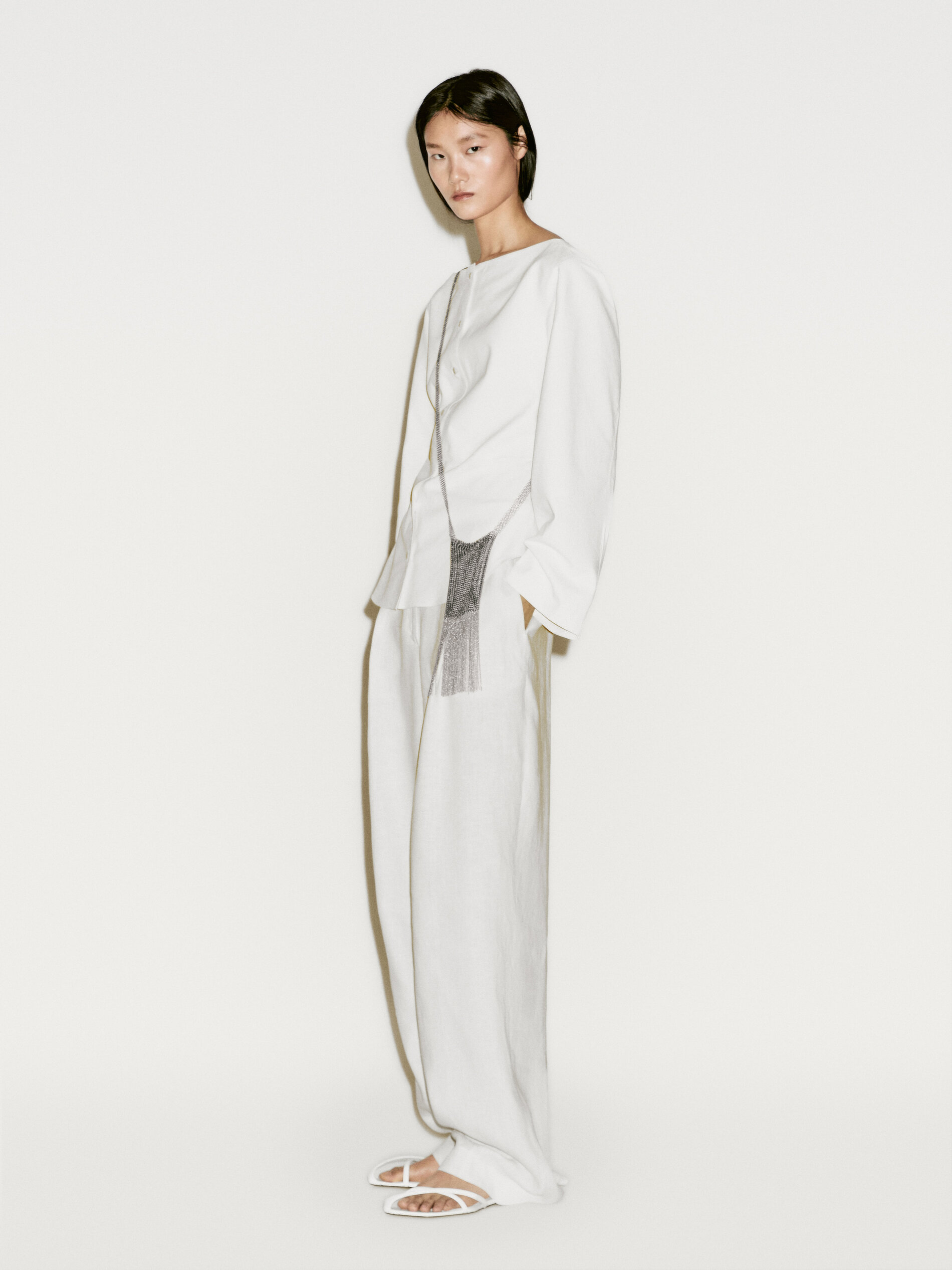 Chemise Cintrée En Cuir Et Daim - Limited Edition - Blanc - S - Massimo Dutti - Femme