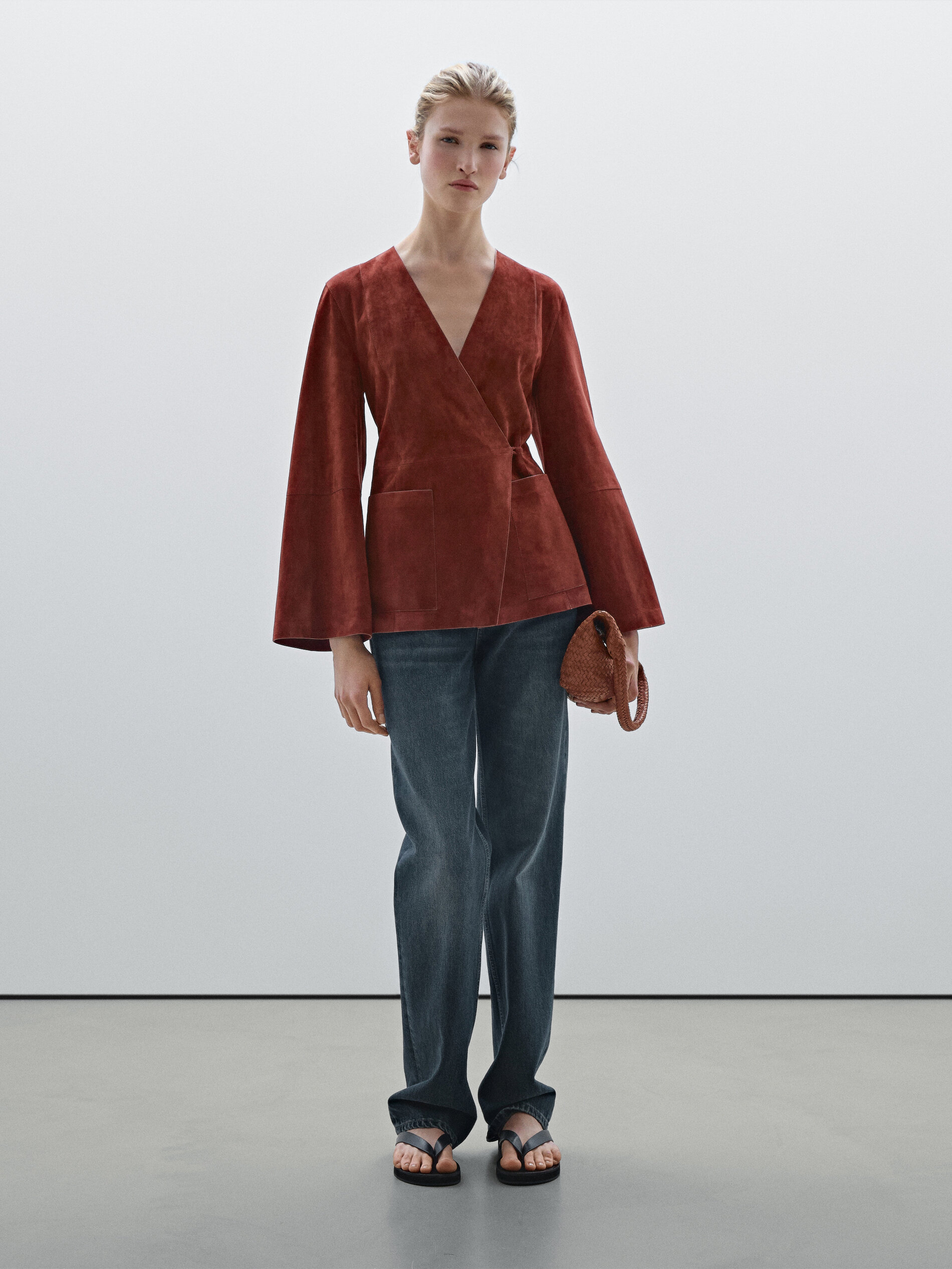 Kimono Cache-Cœur En Cuir Et Daim - Rouge - M - Massimo Dutti - Femme