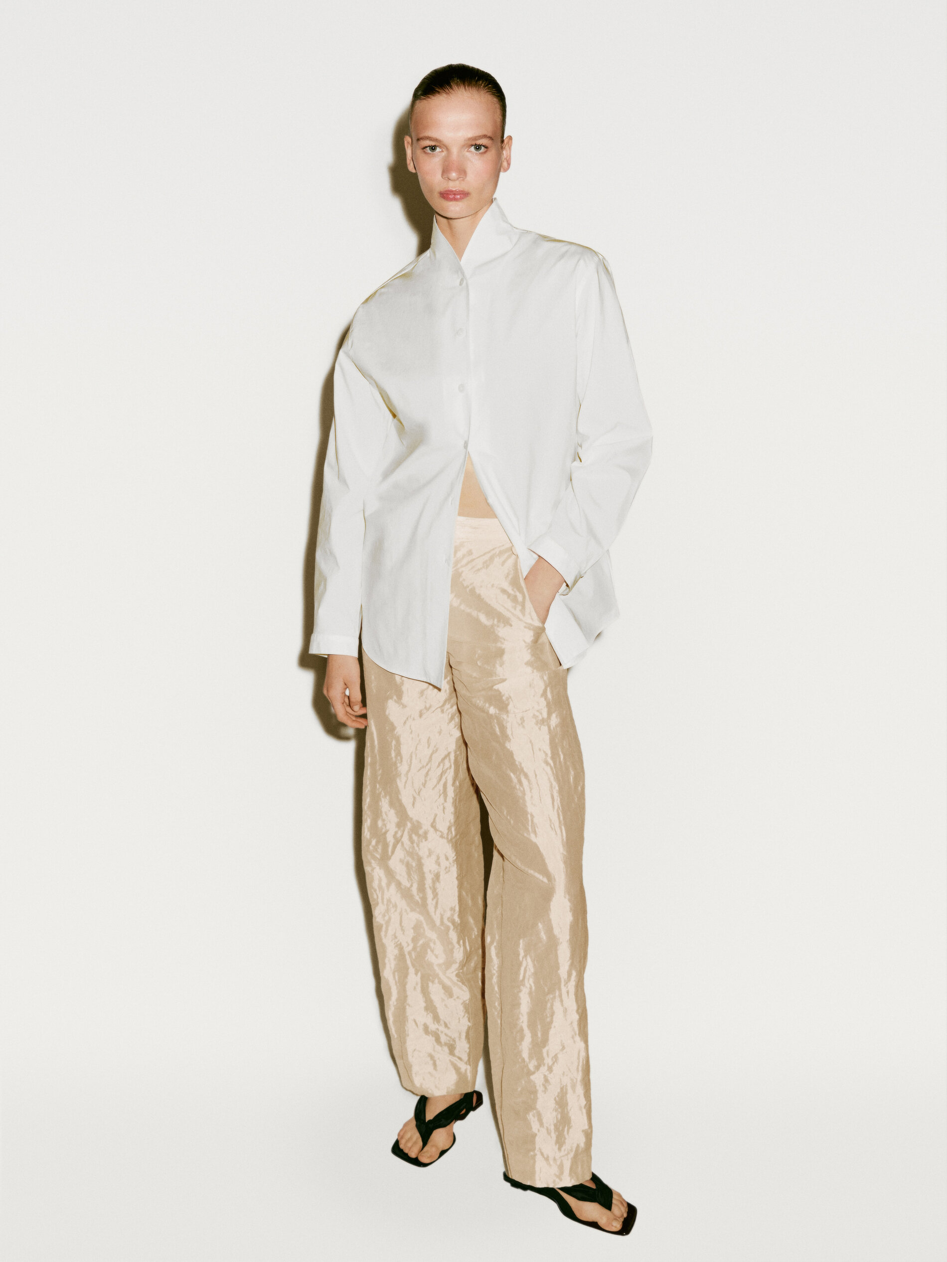 Pantalon Satiné Satiné Texturé - Limited Edition - Gris Perle - 36 - Massimo Dutti - Femme