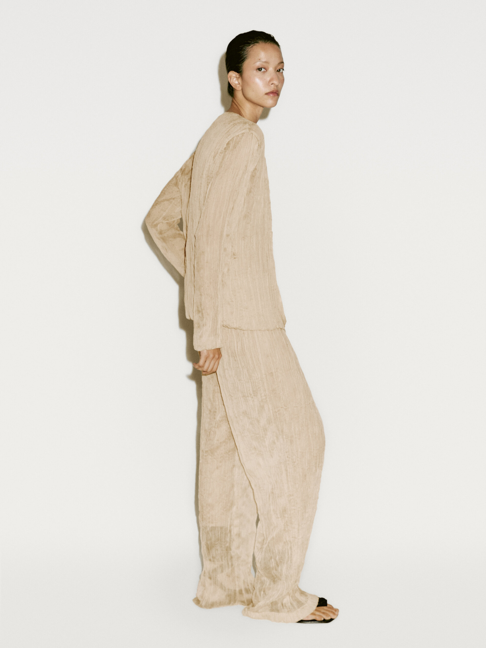 Pantalon Fluide Plissé - Limited Edition - Vanille - L - Massimo Dutti - Femme