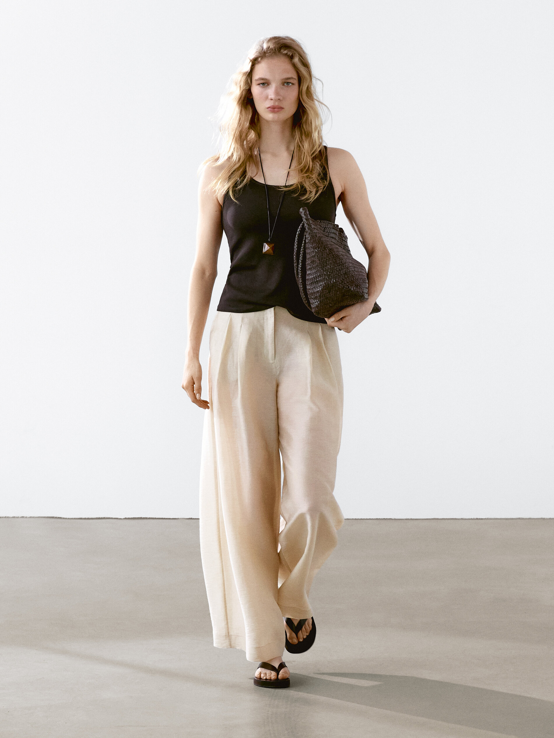 Pantalon À Pinces Fluide Lin Mélangé - Doré - 36 - Massimo Dutti - Femme
