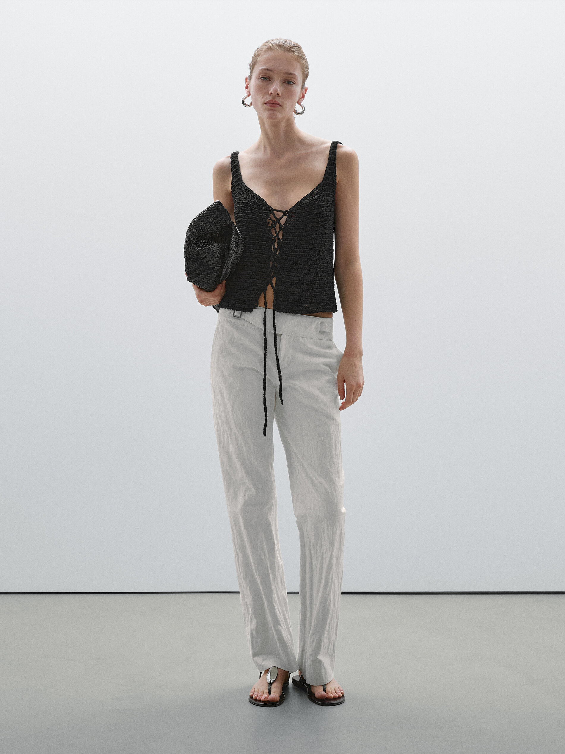 Pantalon Slim Taille Basse Avec Boucles - Blanc - 38 - Massimo Dutti - Femme