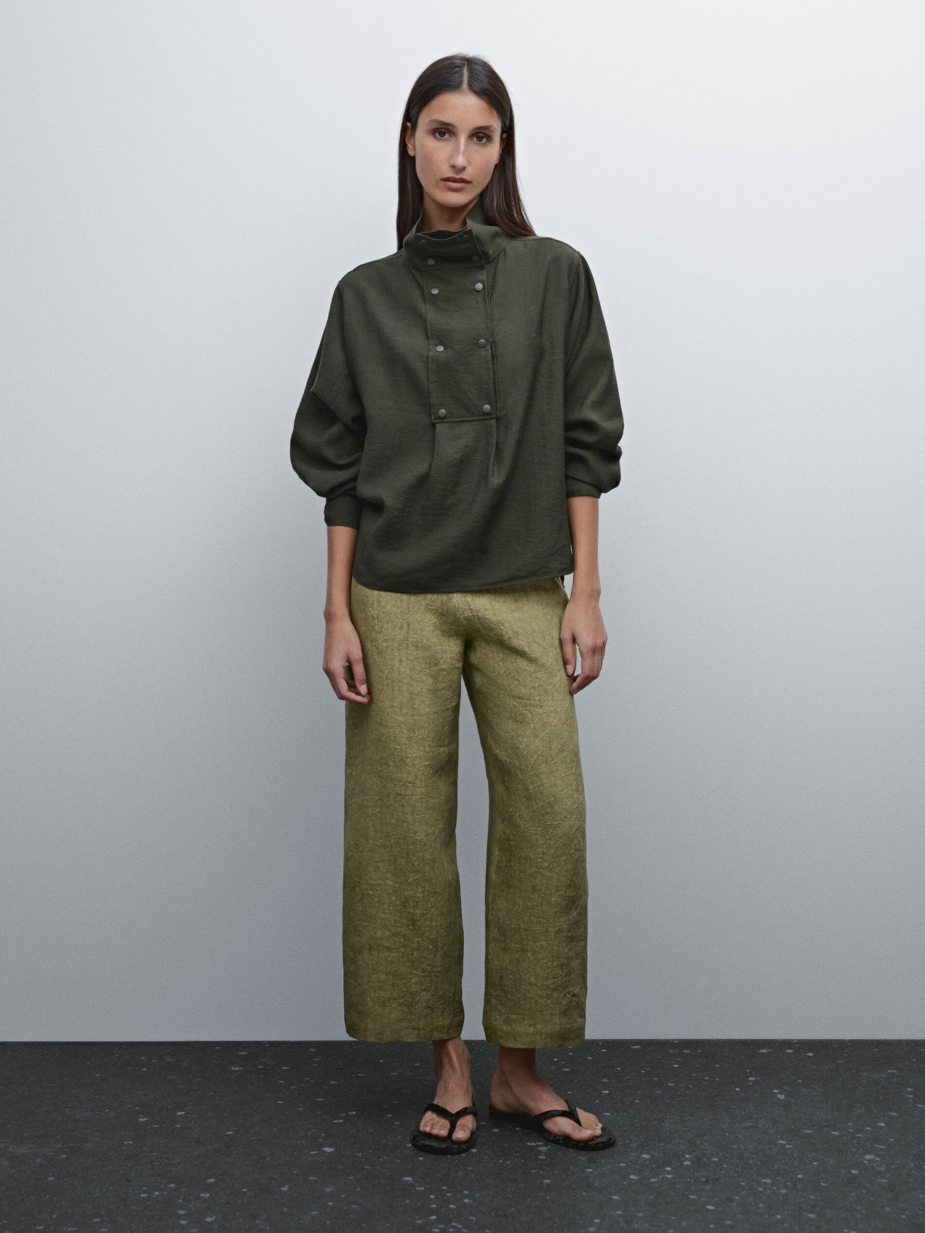 Pantalon Fluide 100 % Lin - Olive - 34 - Massimo Dutti - Femme
