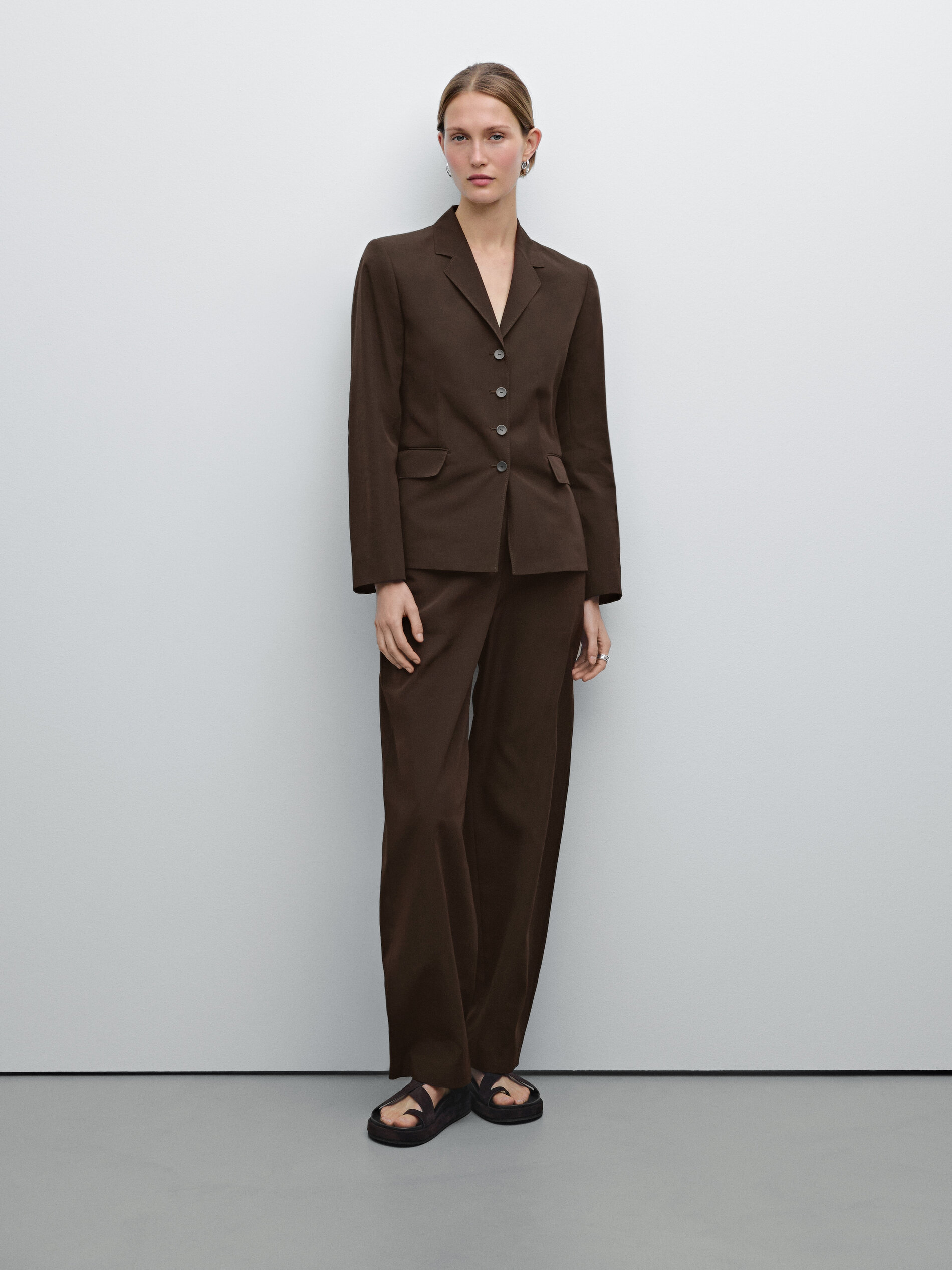 Pantalon Texturé Coupe Nette - Chocolat - 34 - Massimo Dutti - Femme