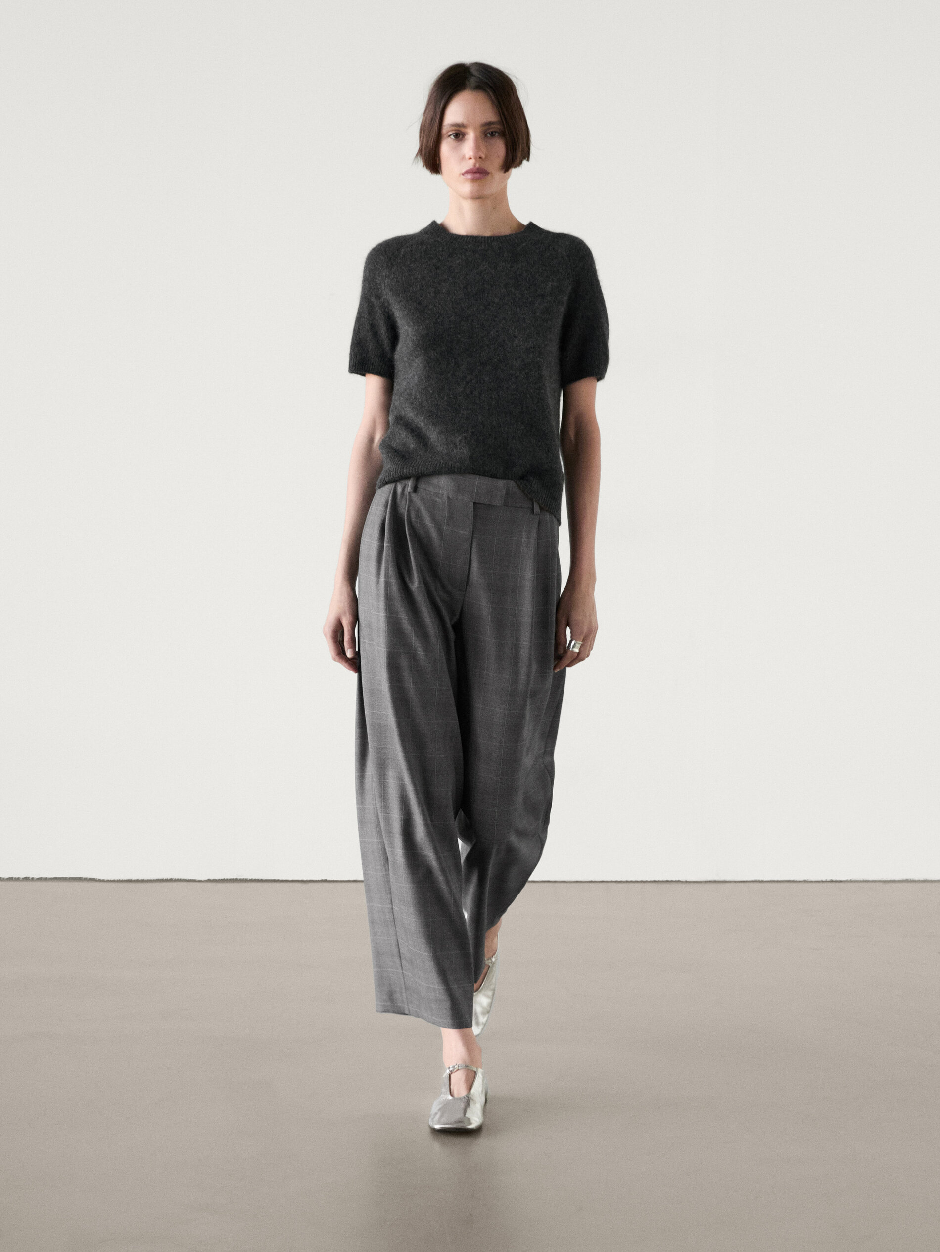 Pantalon Straight À Carreaux Et Double Pince - Gris Foncé - 36 - Massimo Dutti - Femme