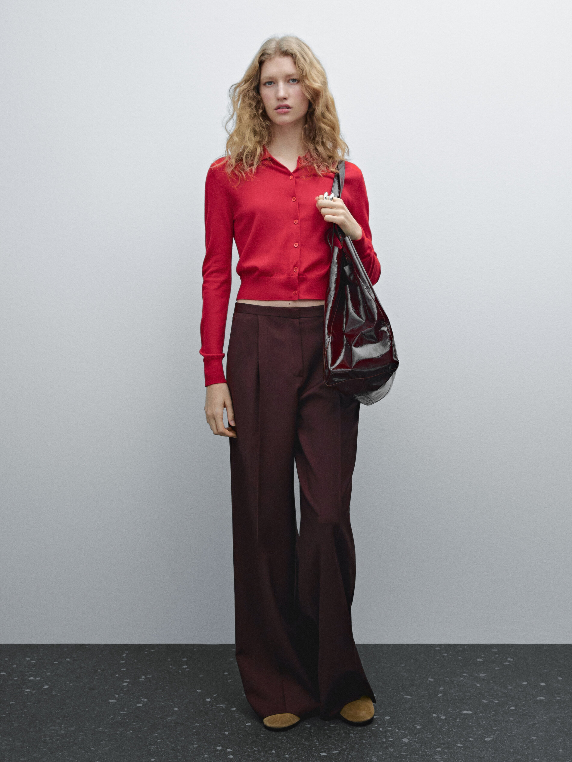 Pantalon À Pinces Satiné 100 % Laine - Grenat - 40 - Massimo Dutti - Femme