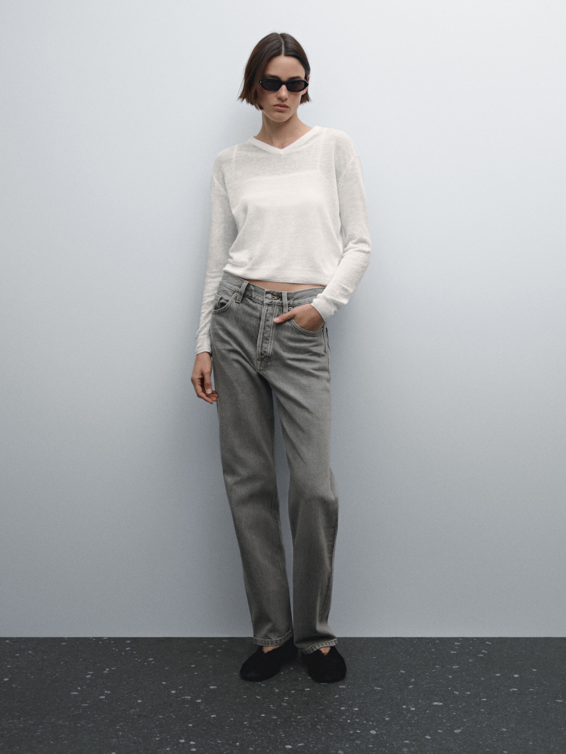 Jean Straight Taille Haute En Coton Mélangé - Marengo - 40 - Massimo Dutti - Femme