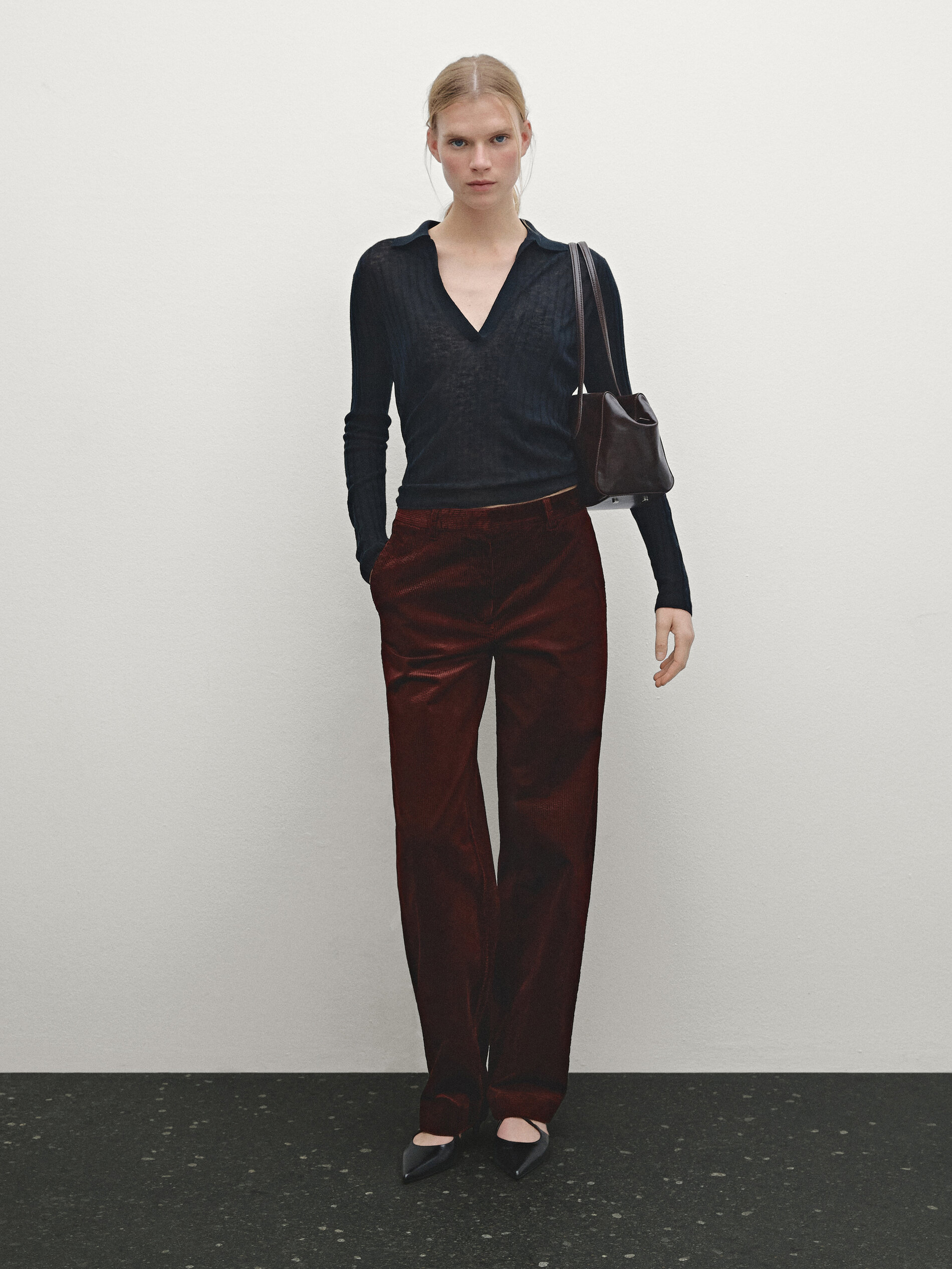 Pantalon En Velours Côtelé Relaxed Fit Taille Haute - Bordeaux - 36 - Massimo Dutti - Femme
