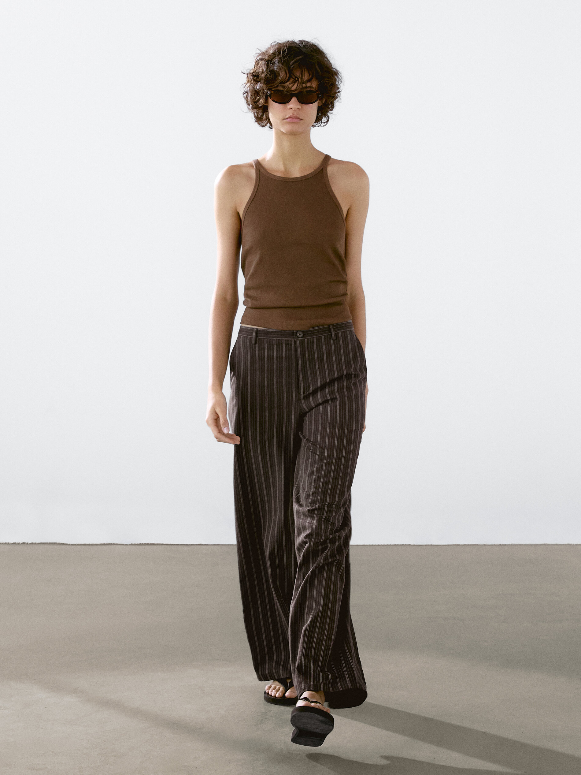 Pantalon Wide Leg Taille Basse Rayures - Marron - 40 - Massimo Dutti - Femme