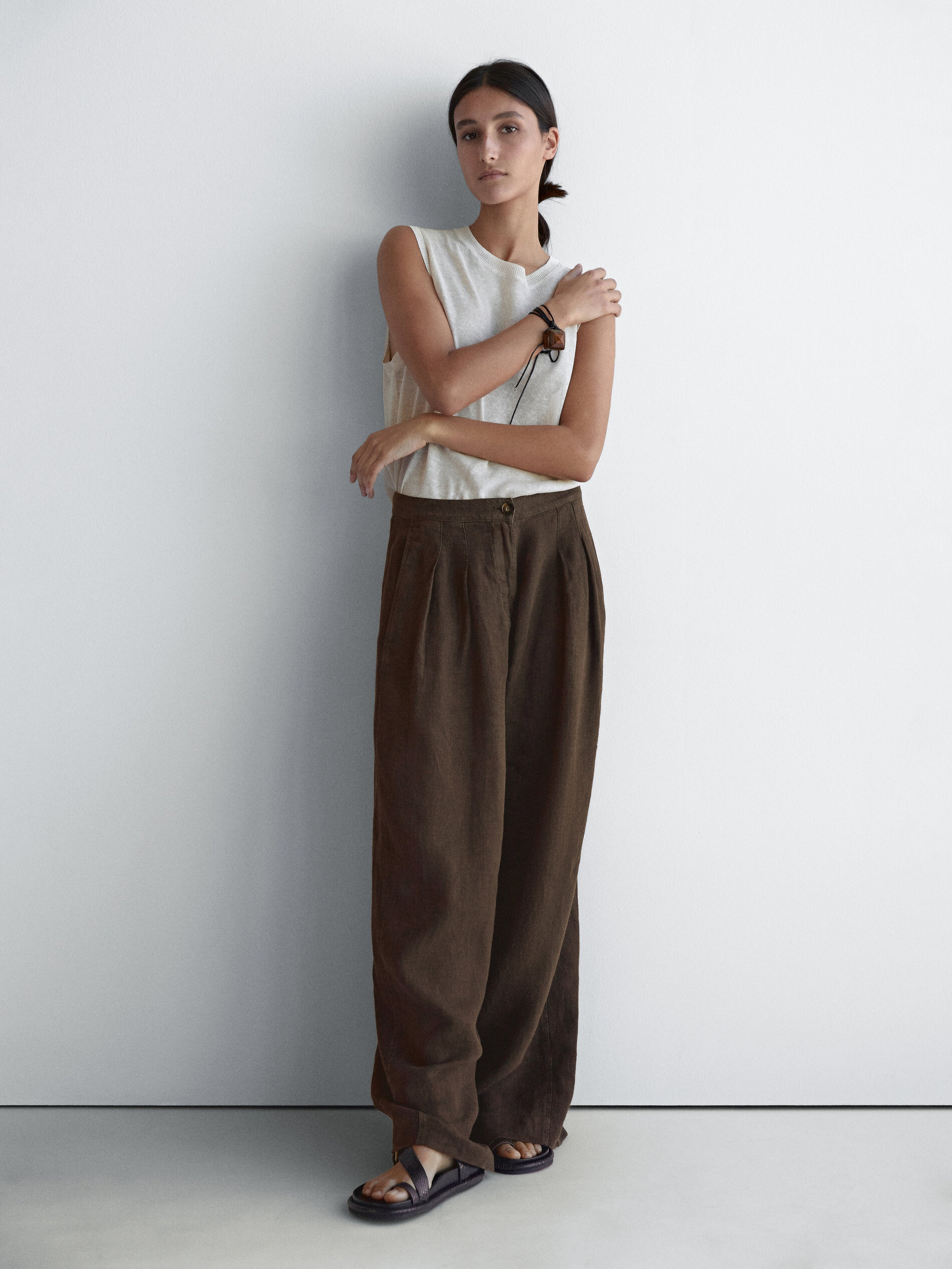 Pantalon Wide Leg 100 % Lin - Chocolat - 40 - Massimo Dutti - Femme